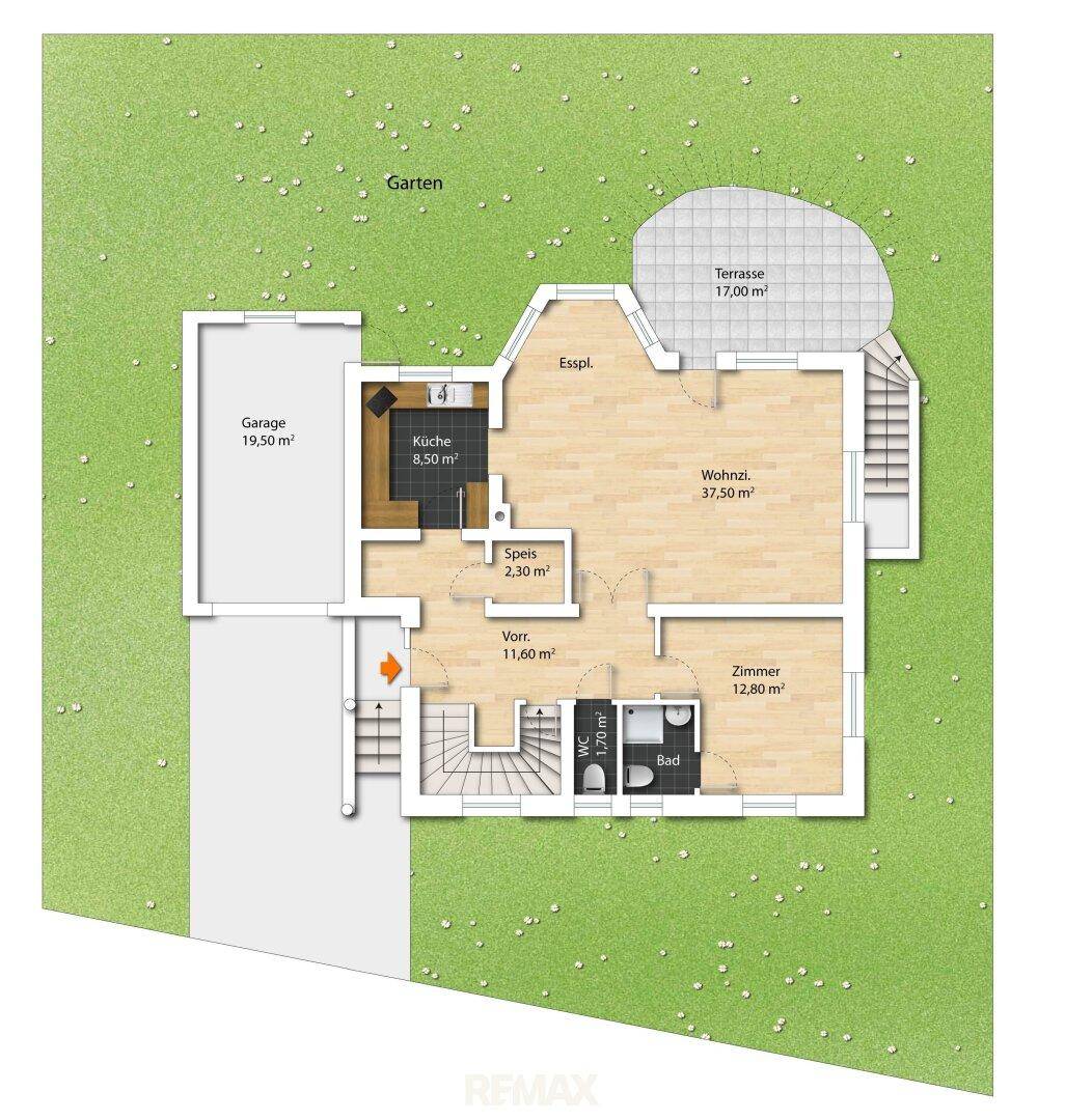 Grundriss des Erdgeschosses mit Wohnzimmer, Küche, Essbereich, Terrasse und Garage.