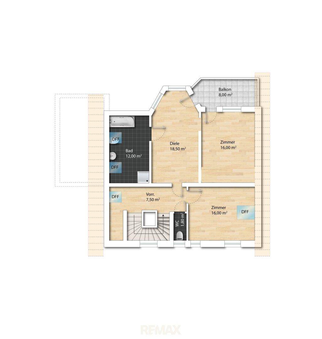 Grundriss des Obergeschosses mit zwei Zimmern, Bad, WC und Balkon.