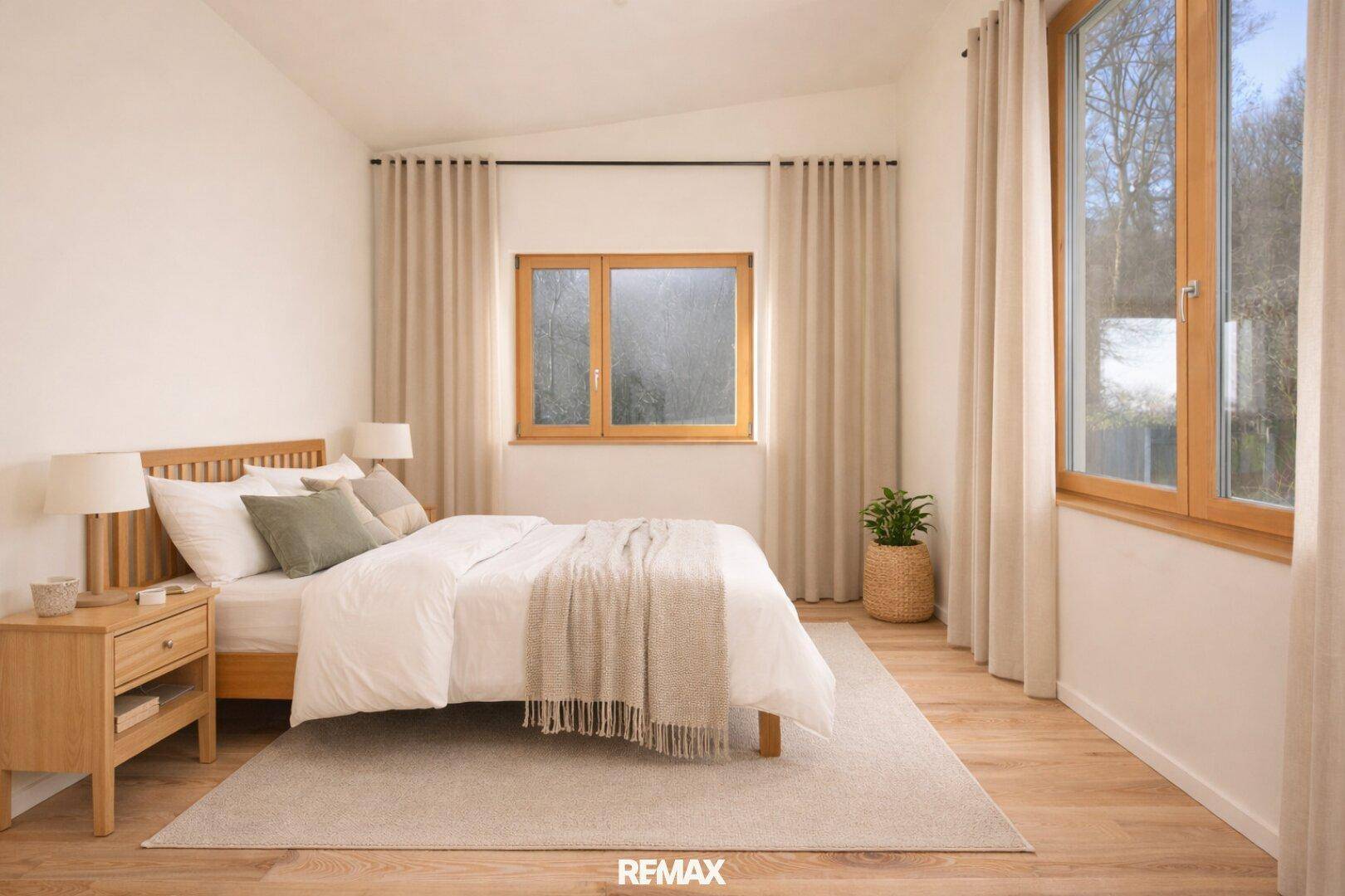 Helles Schlafzimmer mit Holzbett, Parkettboden und großen Fenstern mit Blick ins Grüne.