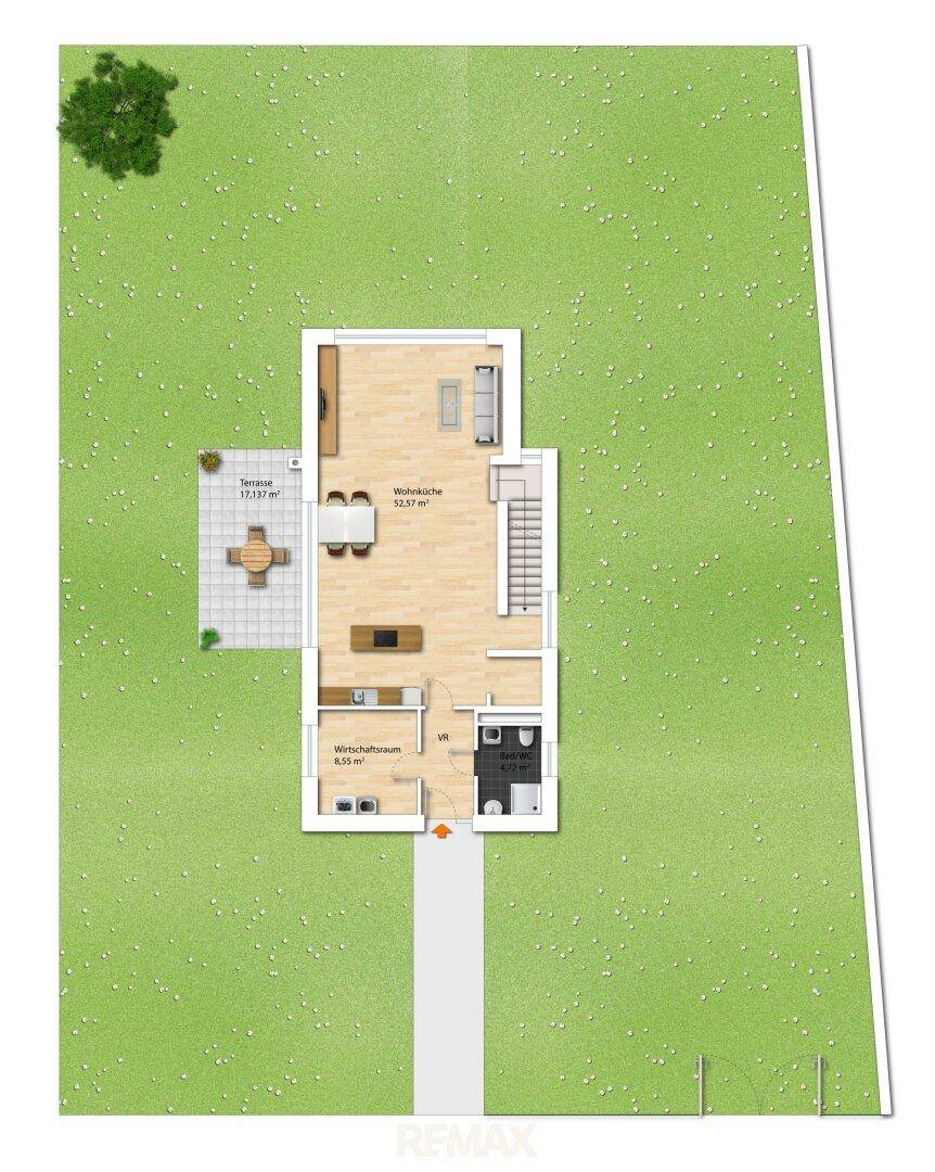 Grundriss des Erdgeschosses mit offenem Wohnbereich, Küche, Hauswirtschaftsraum und Terrasse.
