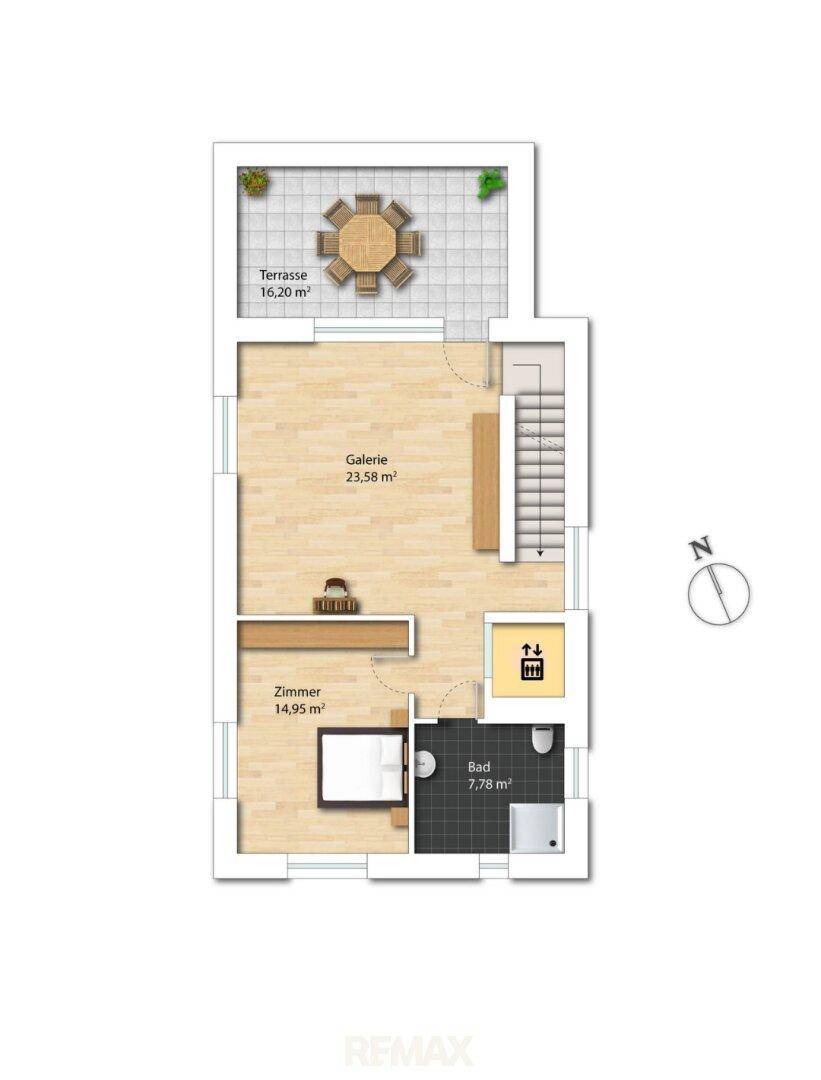 Grundriss des Obergeschosses mit Galerie, Schlafzimmer, Bad und großer Dachterrasse.