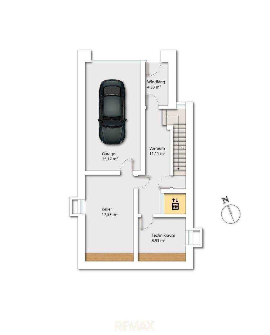 Grundriss des Untergeschosses mit Garage, Keller, Technikraum und Aufzug.