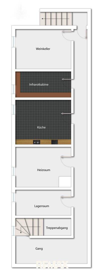 Grundriss des Untergeschosses mit Weinkeller, Infrarotkabine, Heizraum und Lagerraum.