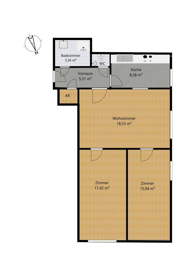 Grundriss der Wohnung mit Wohnzimmer, zwei Zimmern, Küche und Bad.