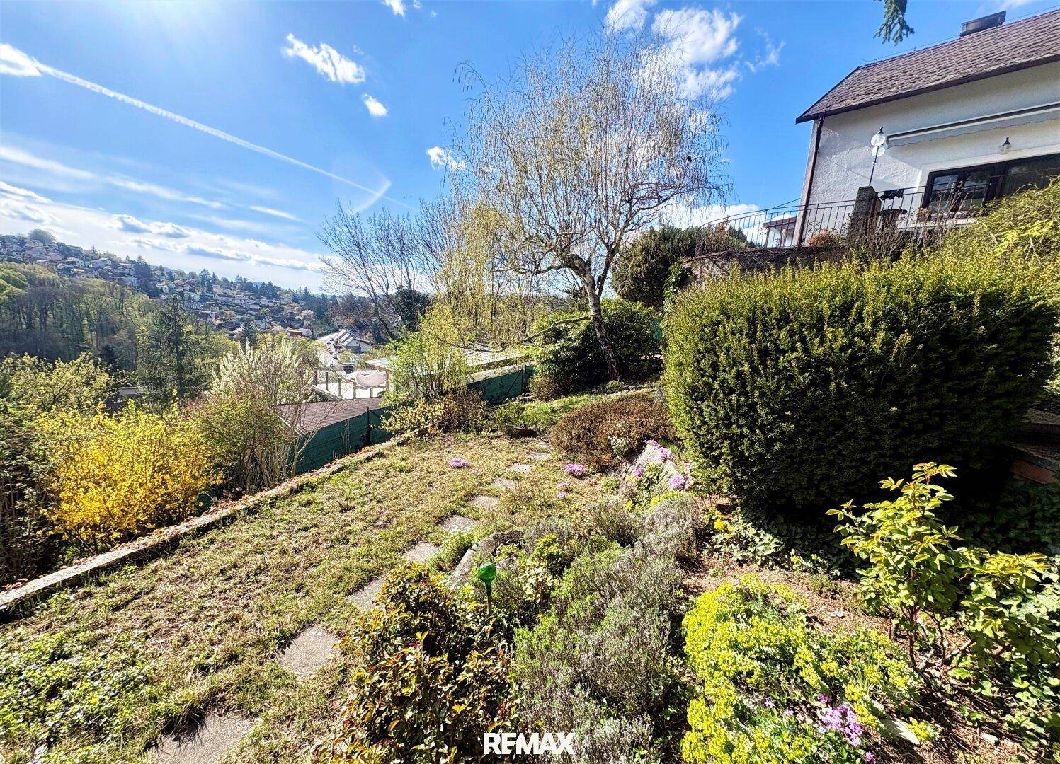 Großer, terrassierter Gartenbereich mit Rasenflächen, Blumenbeeten und weitem Blick ins Grüne.