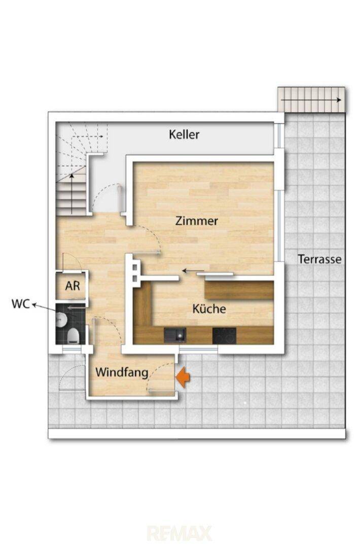 Grundriss des Erdgeschosses mit Küche, Zimmer, WC und Zugang zur Terrasse.