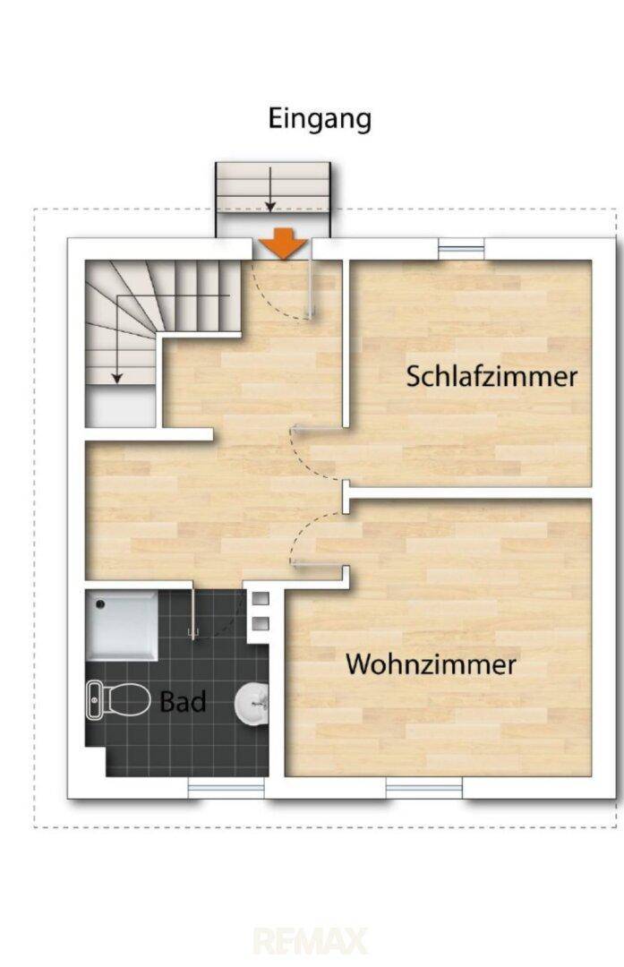 Grundriss des Obergeschosses mit Schlafzimmer, Wohnzimmer und Badezimmer.