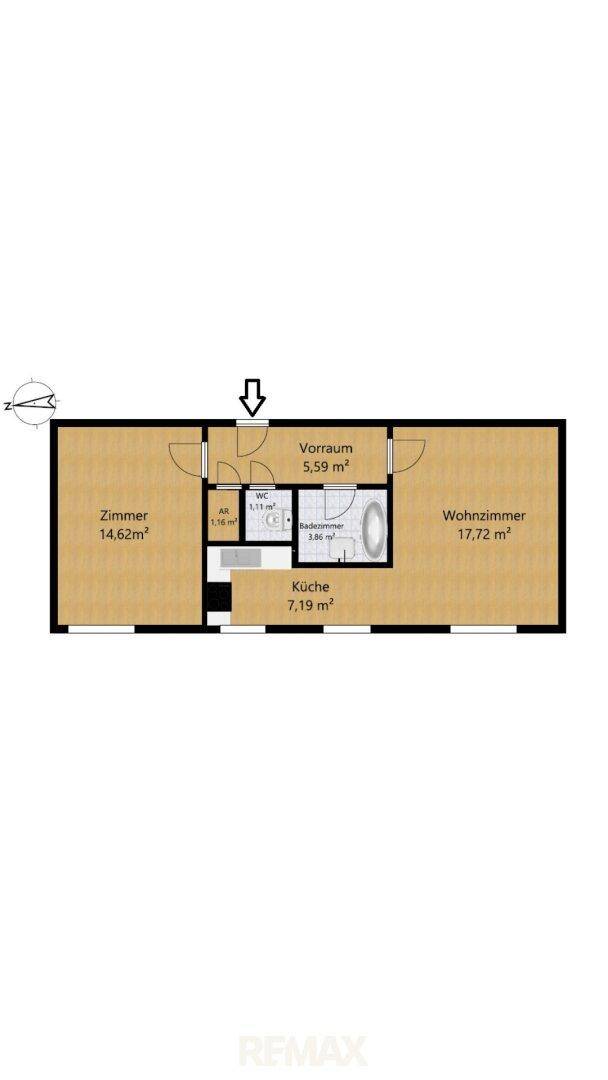 Grundriss der Wohnung mit Zimmern, Küche, Bad und Vorraum, inklusive Flächenangaben.