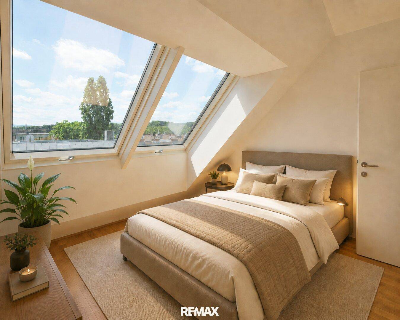 Gemütliches Schlafzimmer mit Dachfenstern, Holzboden und Blick ins Grüne.