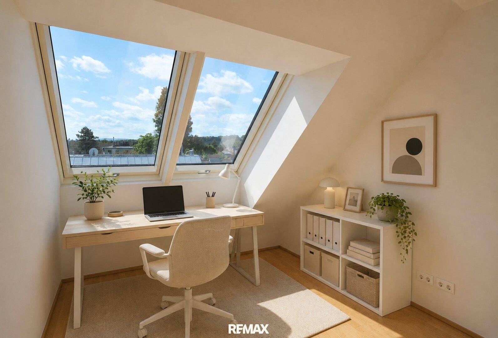 Heller Arbeitsbereich mit Schreibtisch, Dachfenstern und Blick auf die Umgebung.