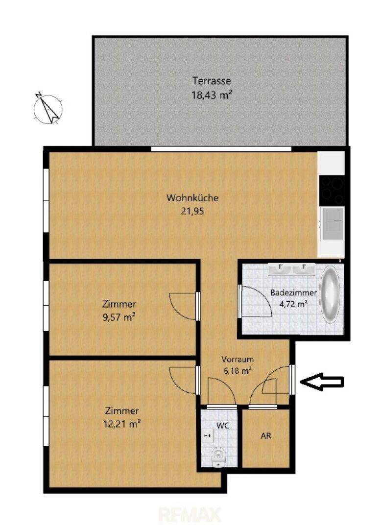 Grundriss der Wohnung mit Wohnküche, zwei Zimmern, Bad, WC und großer Terrasse.