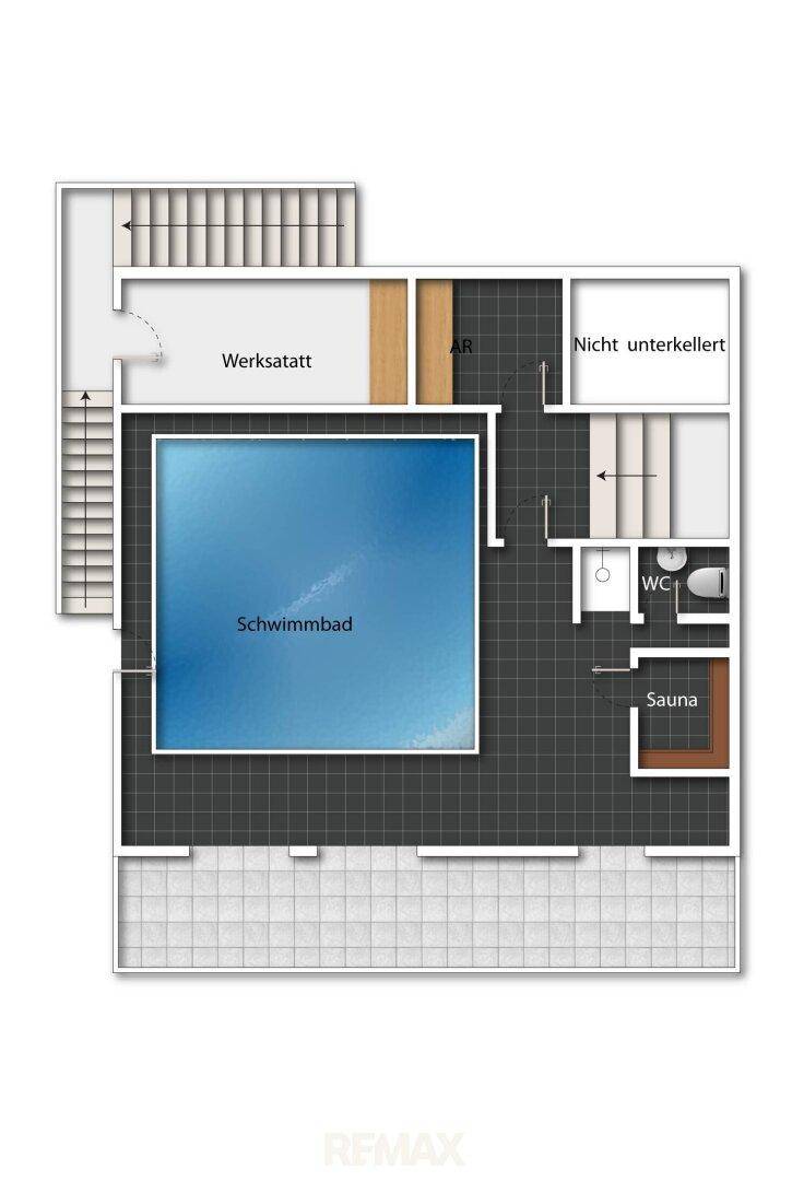 Grundriss des Untergeschosses mit Schwimmbad, Sauna, WC und Werkstattbereich.