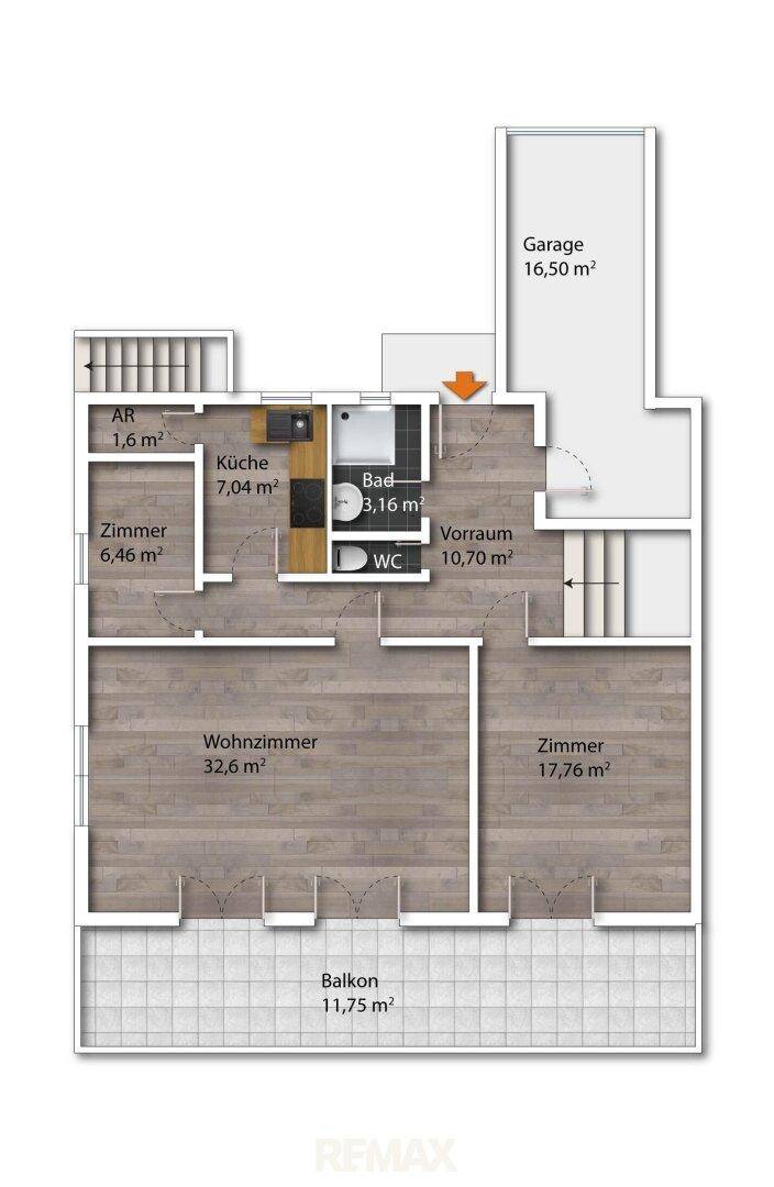 Grundriss des Erdgeschosses mit Wohnzimmer, Küche, Bad, WC und integrierter Garage.