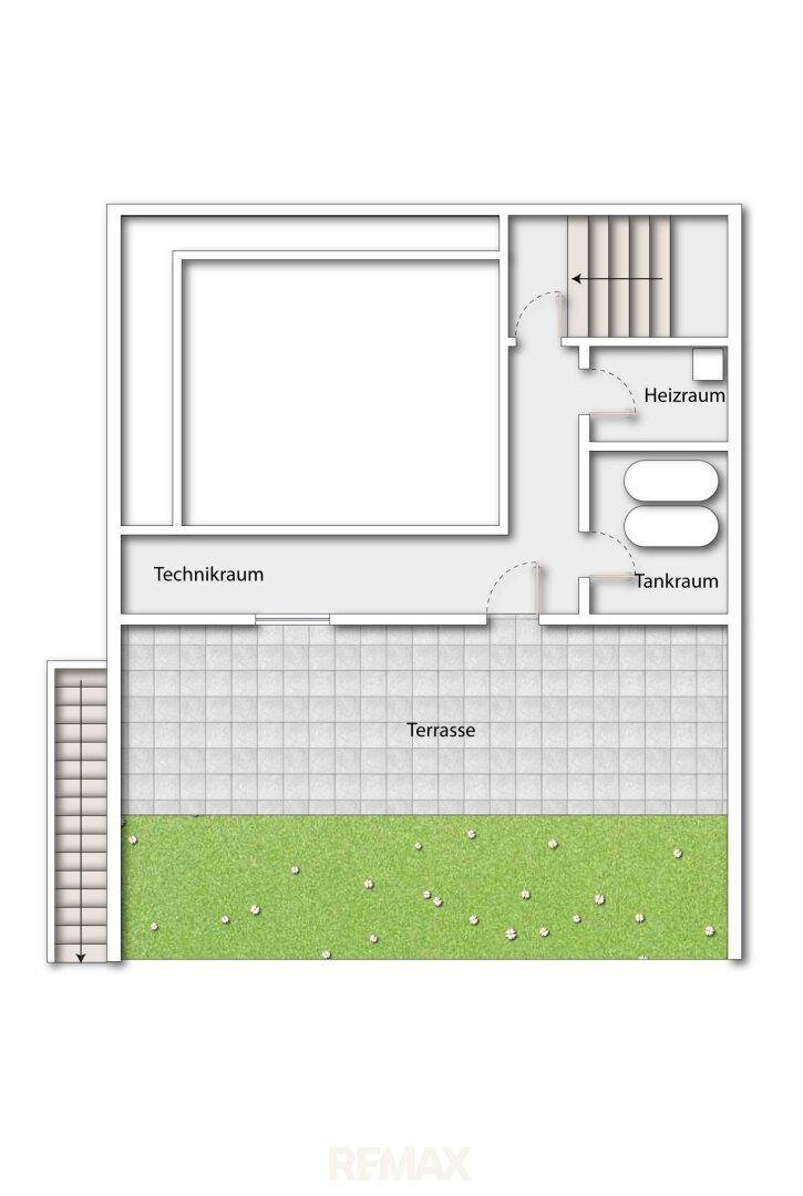 Grundriss des Kellergeschosses mit großer Terrasse, Heizraum und Tankraum.