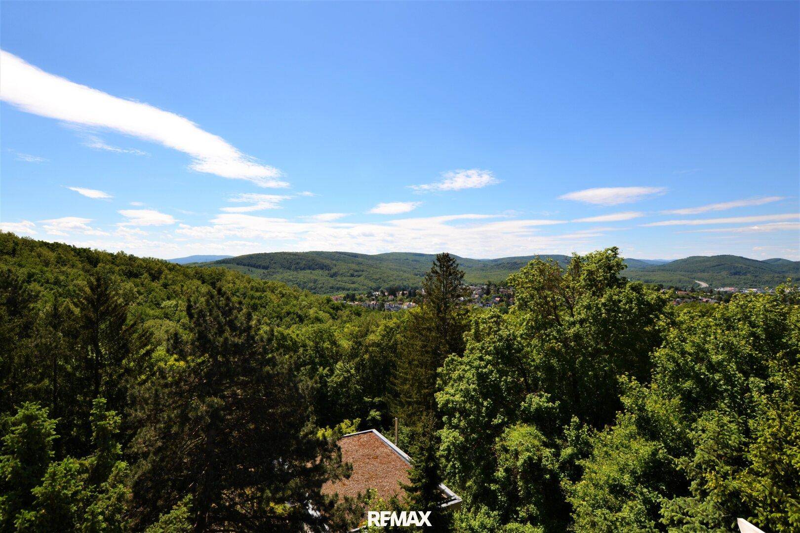 Malerischer Ausblick auf eine weite, grüne Landschaft mit bewaldeten Hügeln und klarem Himmel.