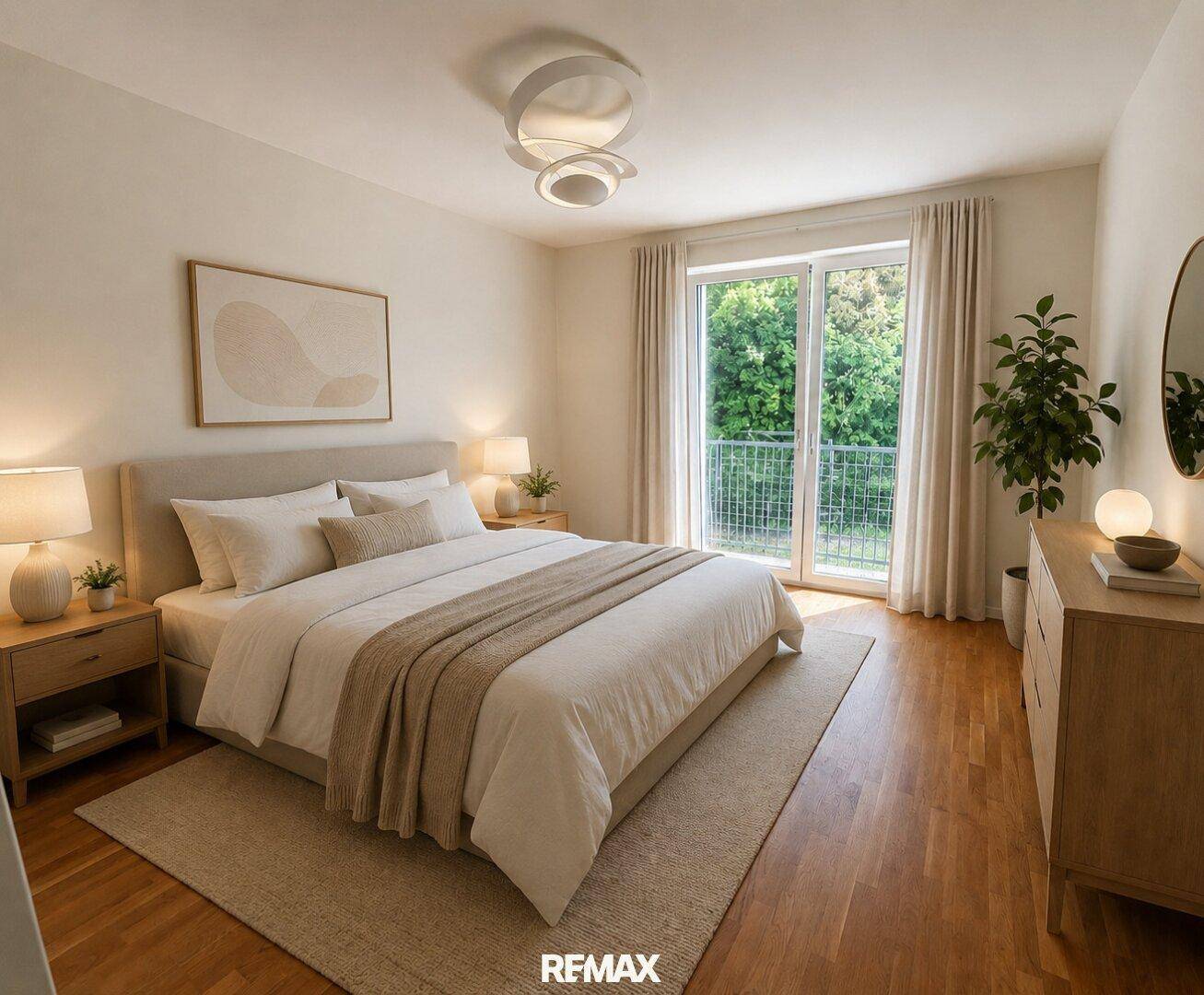 Helles Schlafzimmer mit Doppelbett, Holzboden und Zugang zu einem französischen Balkon.