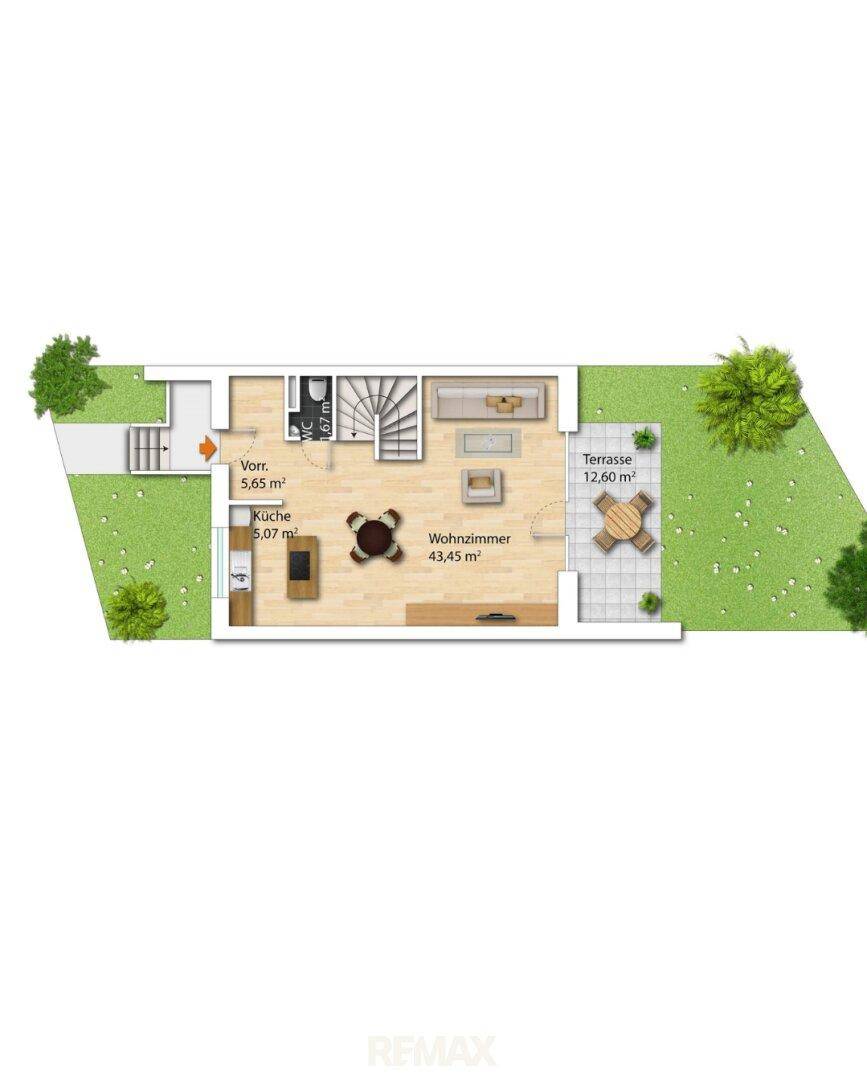 Grundriss des Erdgeschosses mit offener Küche, Wohnzimmer und Terrasse.