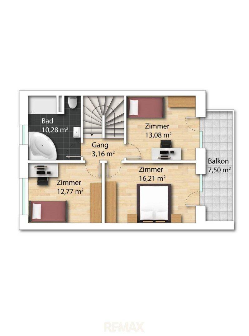 Grundriss des Obergeschosses mit Schlafzimmern, Badezimmer und Balkon.