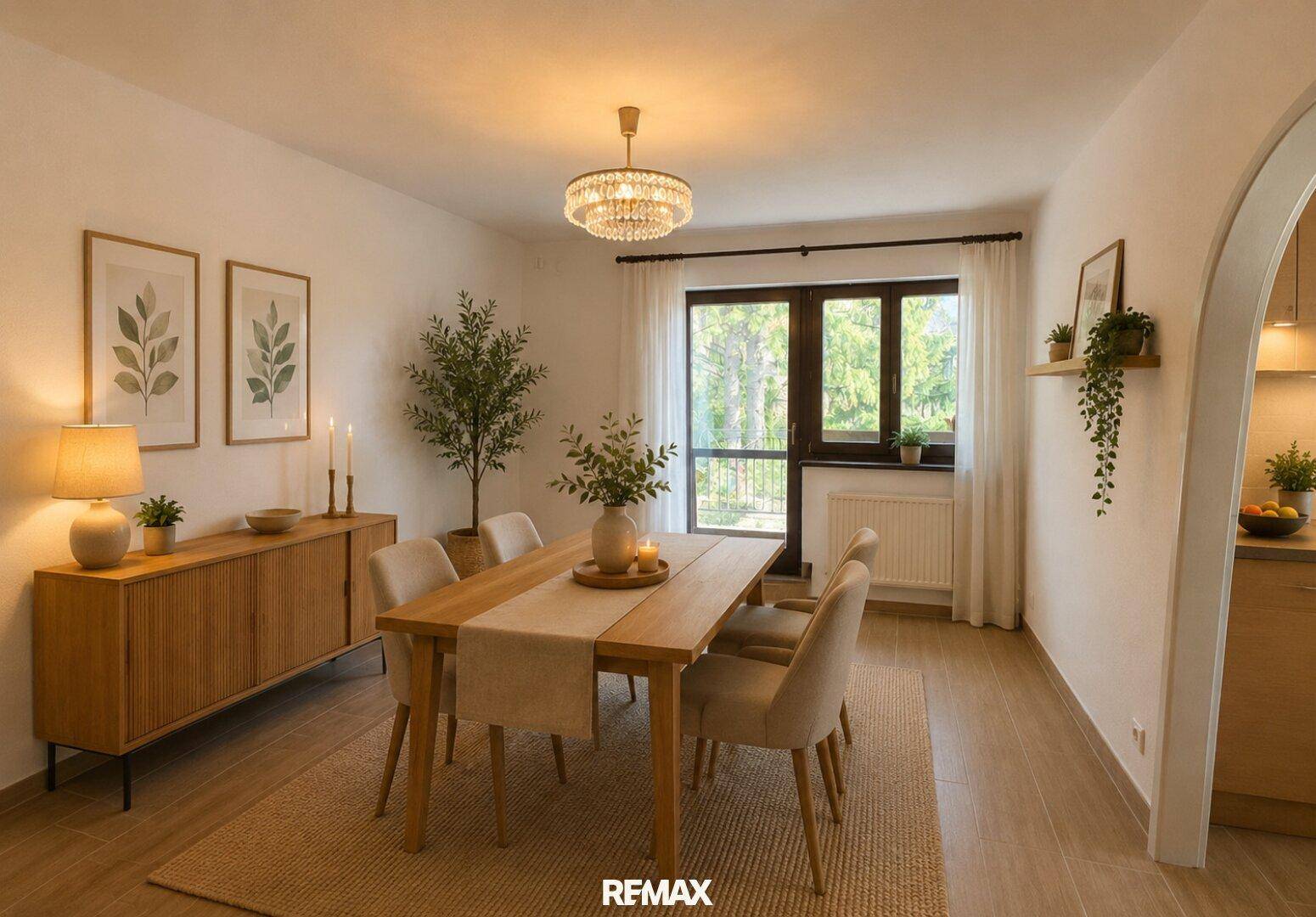 Heller Essbereich mit modernem Holztisch, bequemen Stühlen und einem Fenster mit Blick ins Grüne.