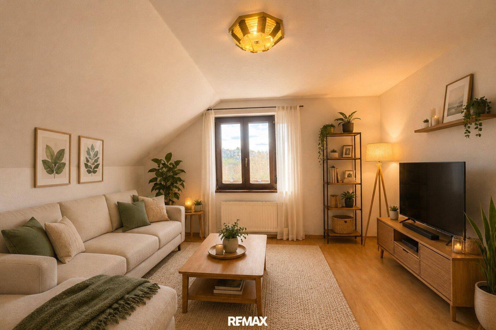 Gemütliches Wohnzimmer mit Dachschräge, beigem Sofa, Holzboden und Blick ins Grüne durch das Fenster.