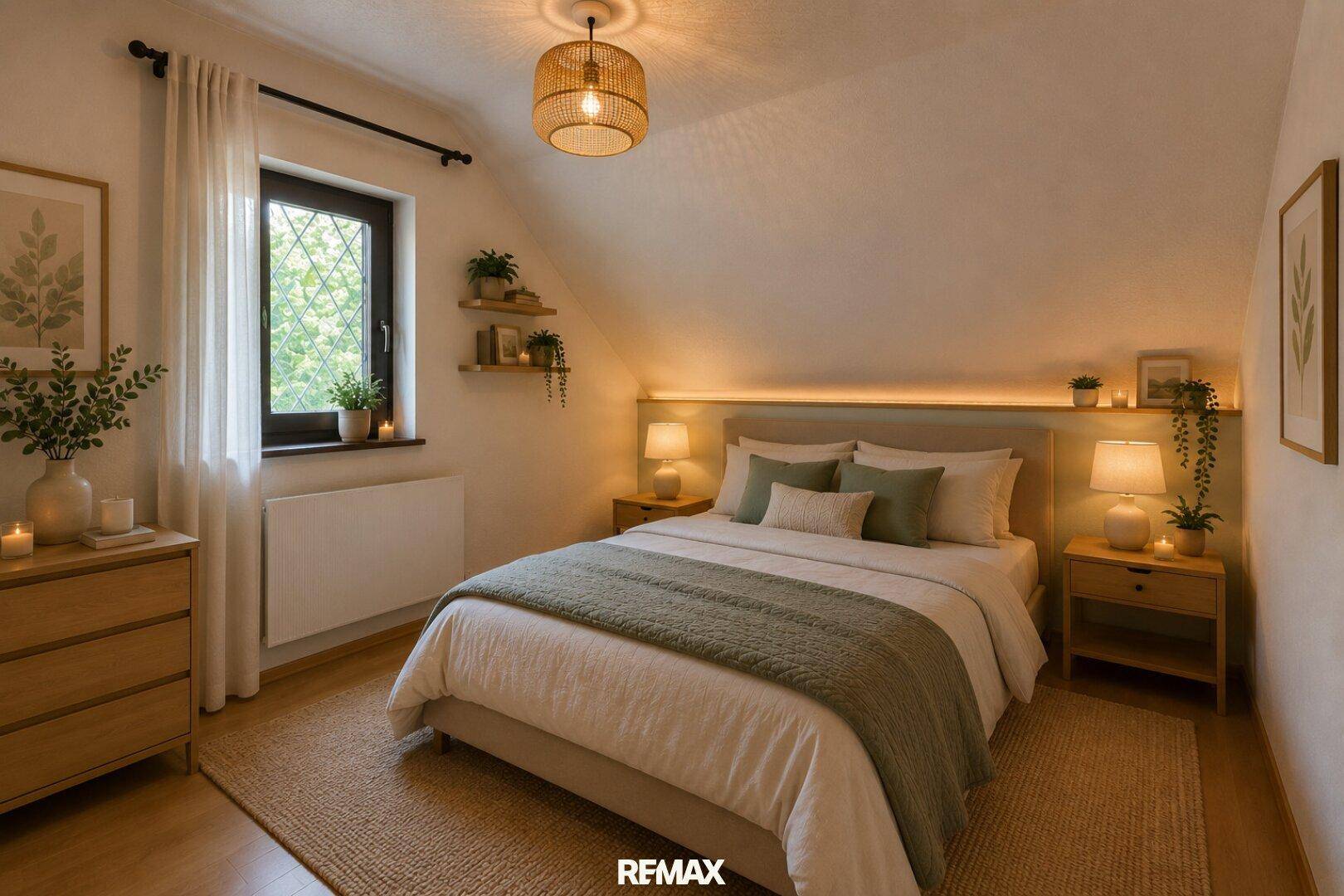 Ruhiges Schlafzimmer mit Dachschräge, Doppelbett, Nachttischen und einem Fenster mit Blick ins Grüne.