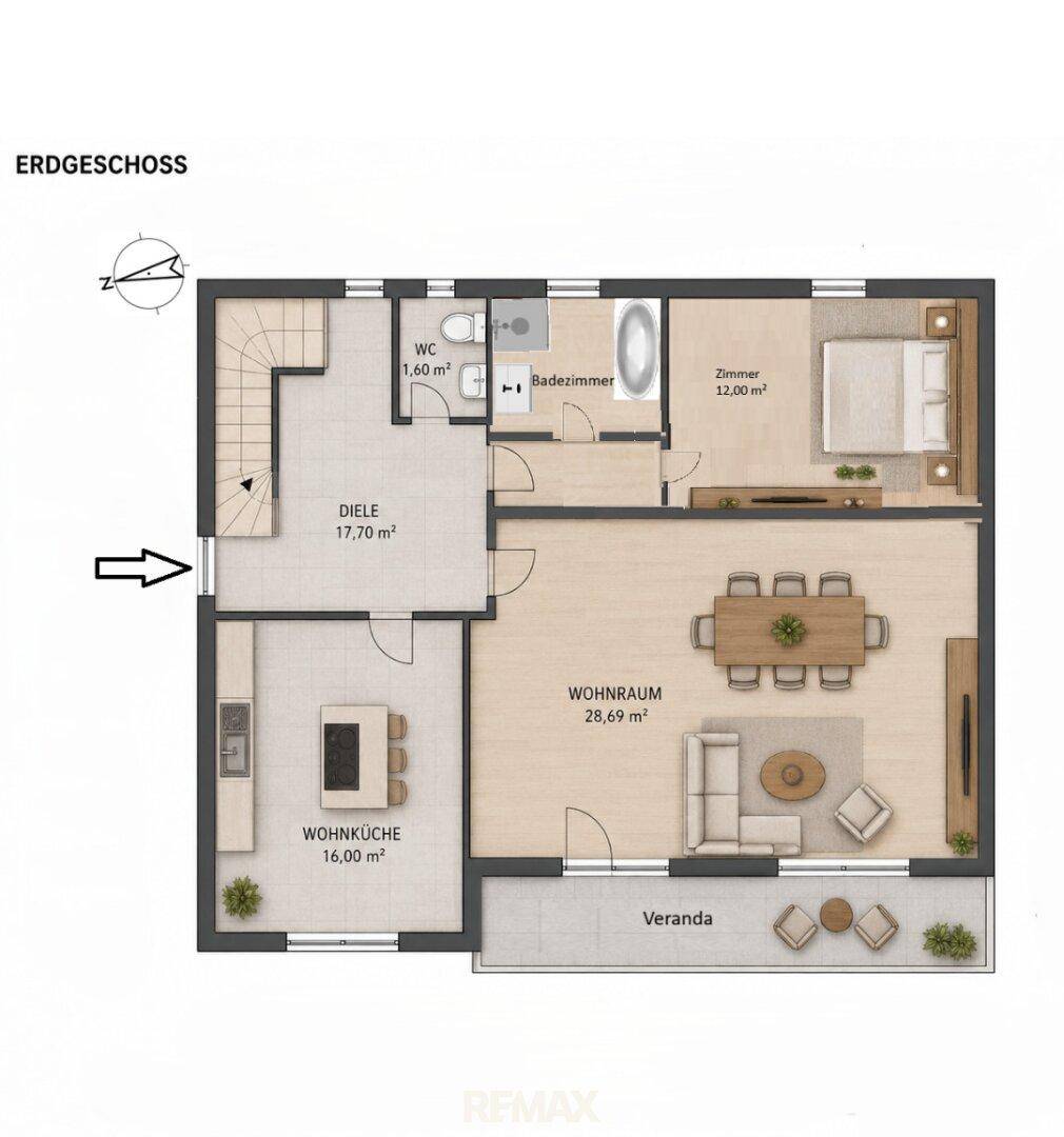 Grundriss des Erdgeschosses mit Wohnküche, Wohnraum, Schlafzimmer und Veranda.