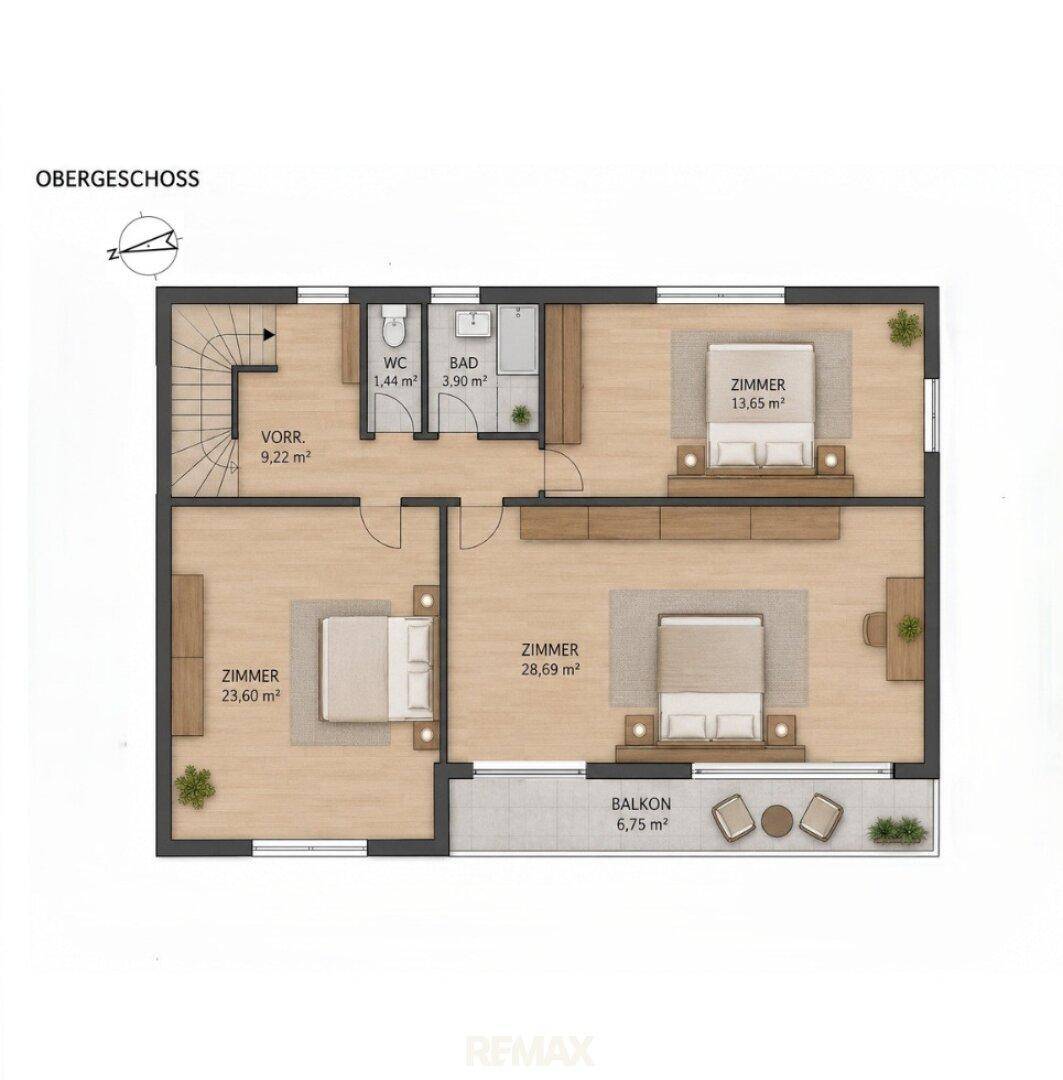 Grundriss des Obergeschosses mit drei Schlafzimmern, Bad und Balkon.