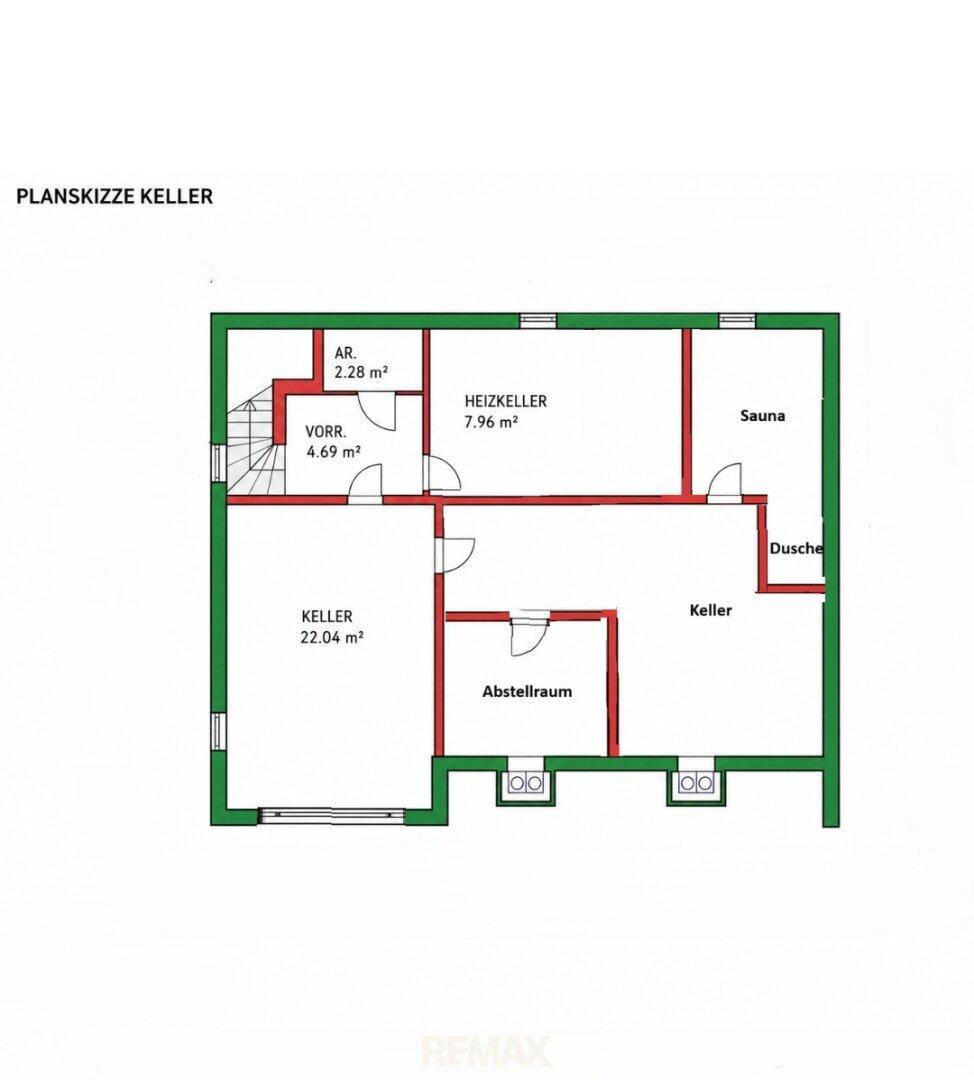 Grundriss des Kellers mit Heizkeller, Abstellraum, Dusche und Sauna.