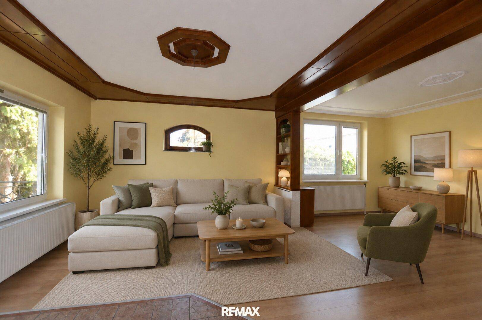 Virtuell inszeniertes Wohnzimmer mit gemütlichem Sofa, Holzbalken und hellem Ambiente.