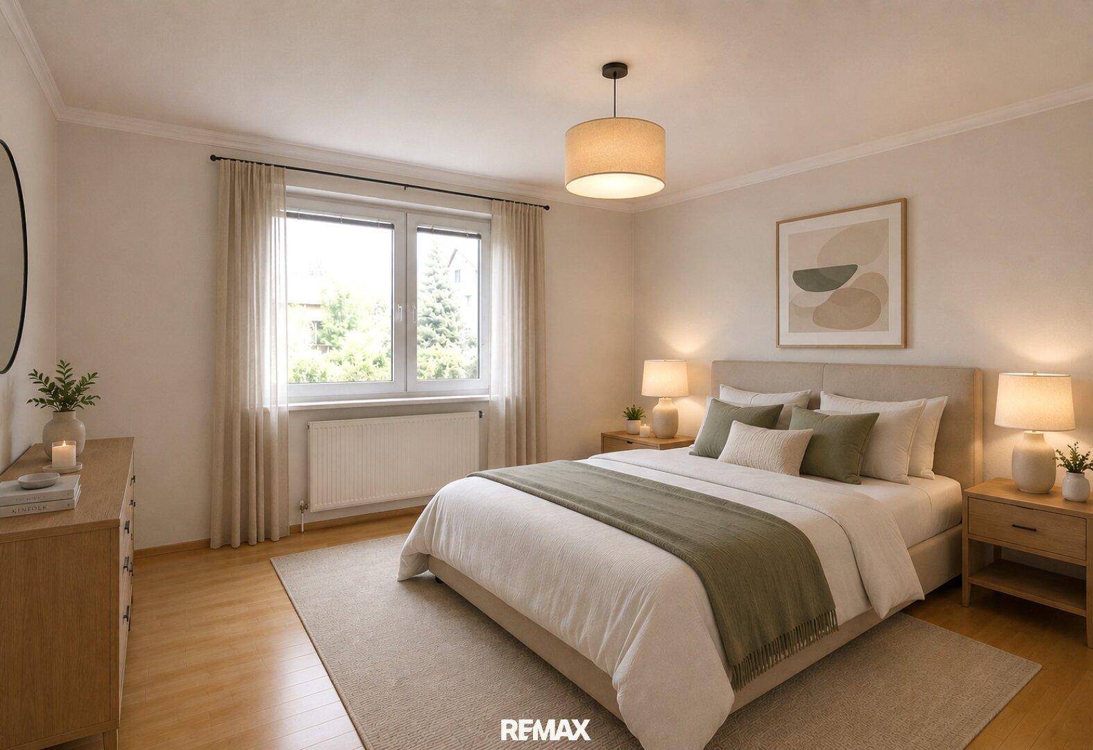 Virtuell inszeniertes Schlafzimmer mit Doppelbett, Nachttischen und großem Fenster.