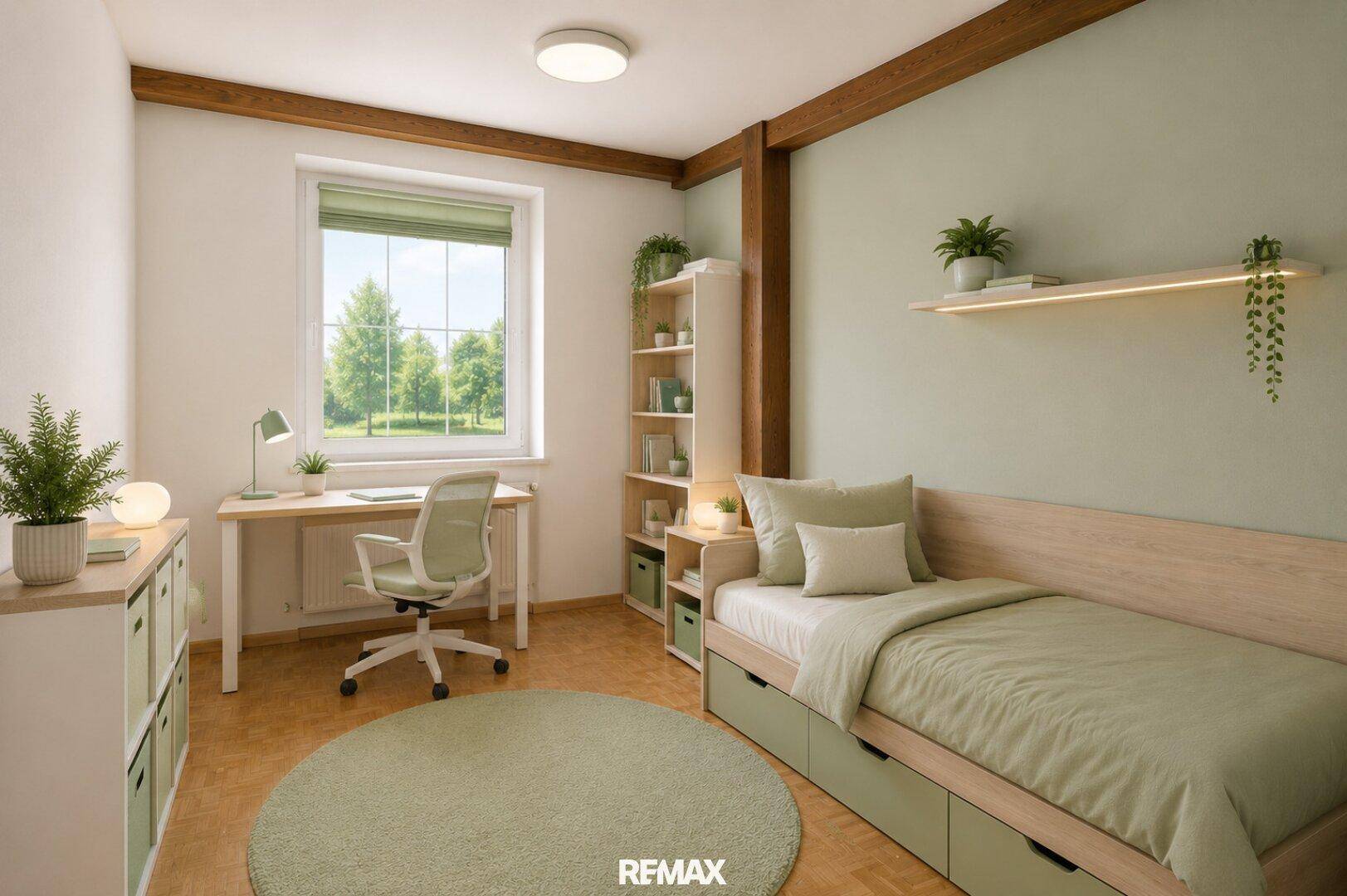Virtuell eingerichtetes Schlafzimmer mit Schreibtisch, Bett und Blick ins Grüne.
