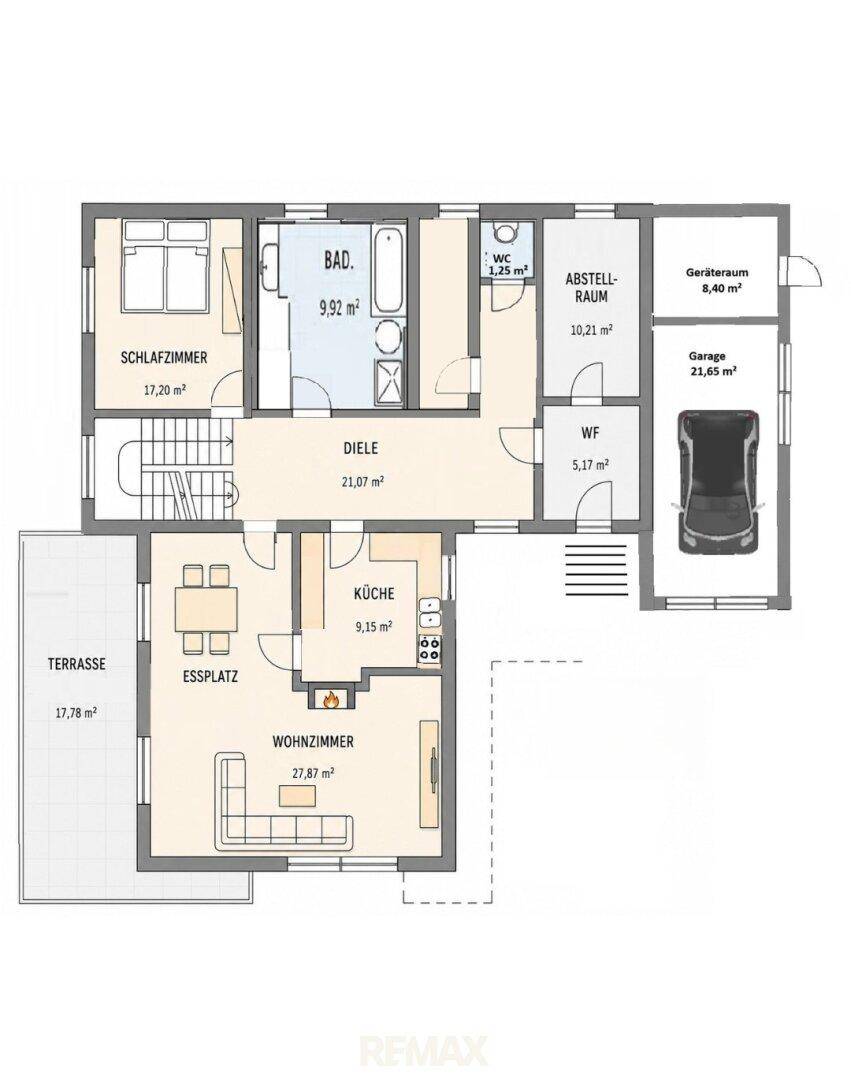 Grundriss des Erdgeschosses mit Wohnzimmer, Küche, Schlafzimmer und Terrasse.