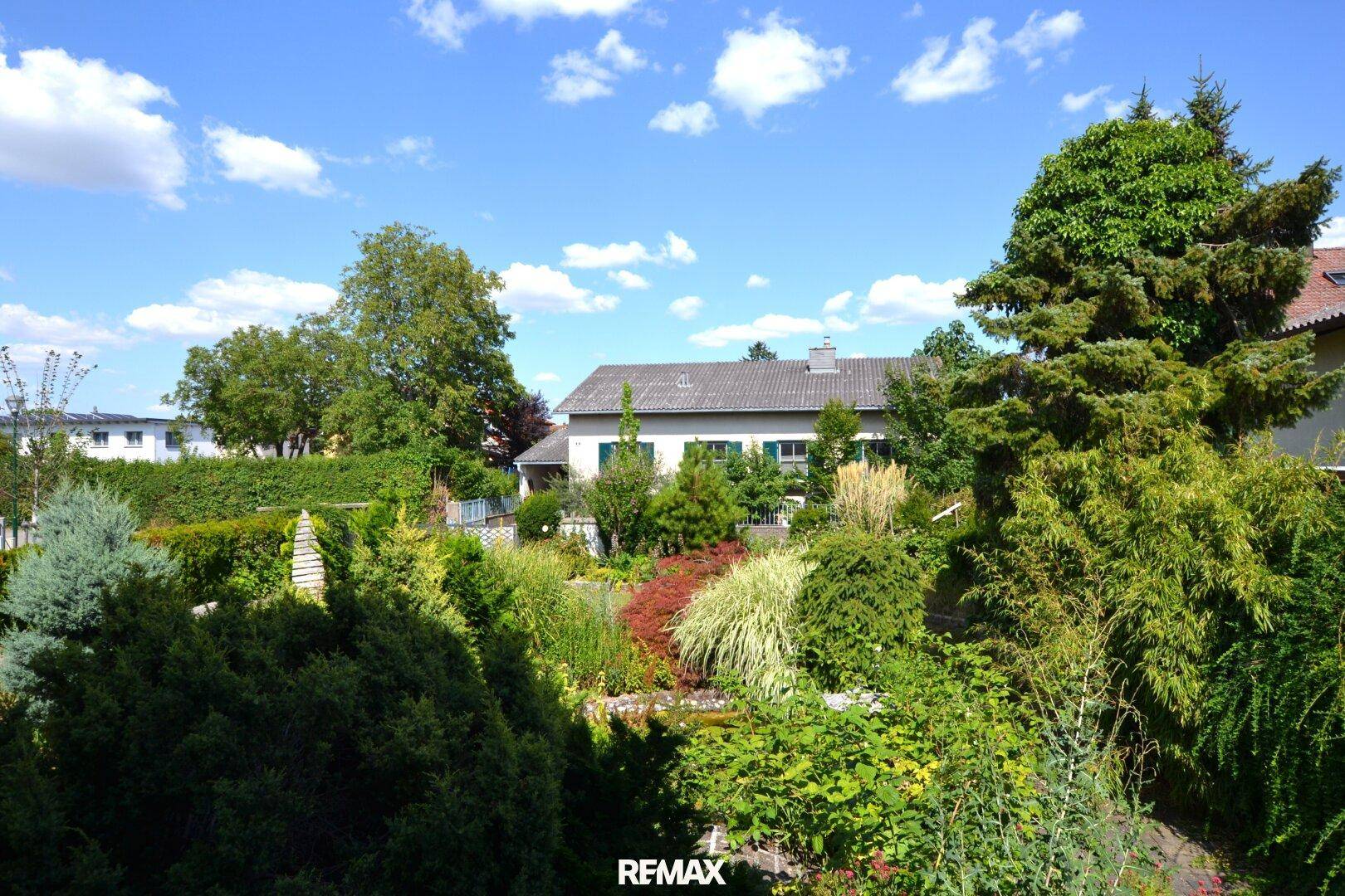 Weitläufiger Garten mit verschiedenen Pflanzen und einem Haus im Hintergrund.
