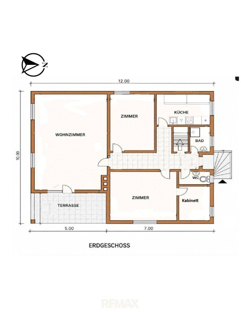 Grundriss des Erdgeschosses mit Wohnzimmer, Küche, Bad und Terrasse.