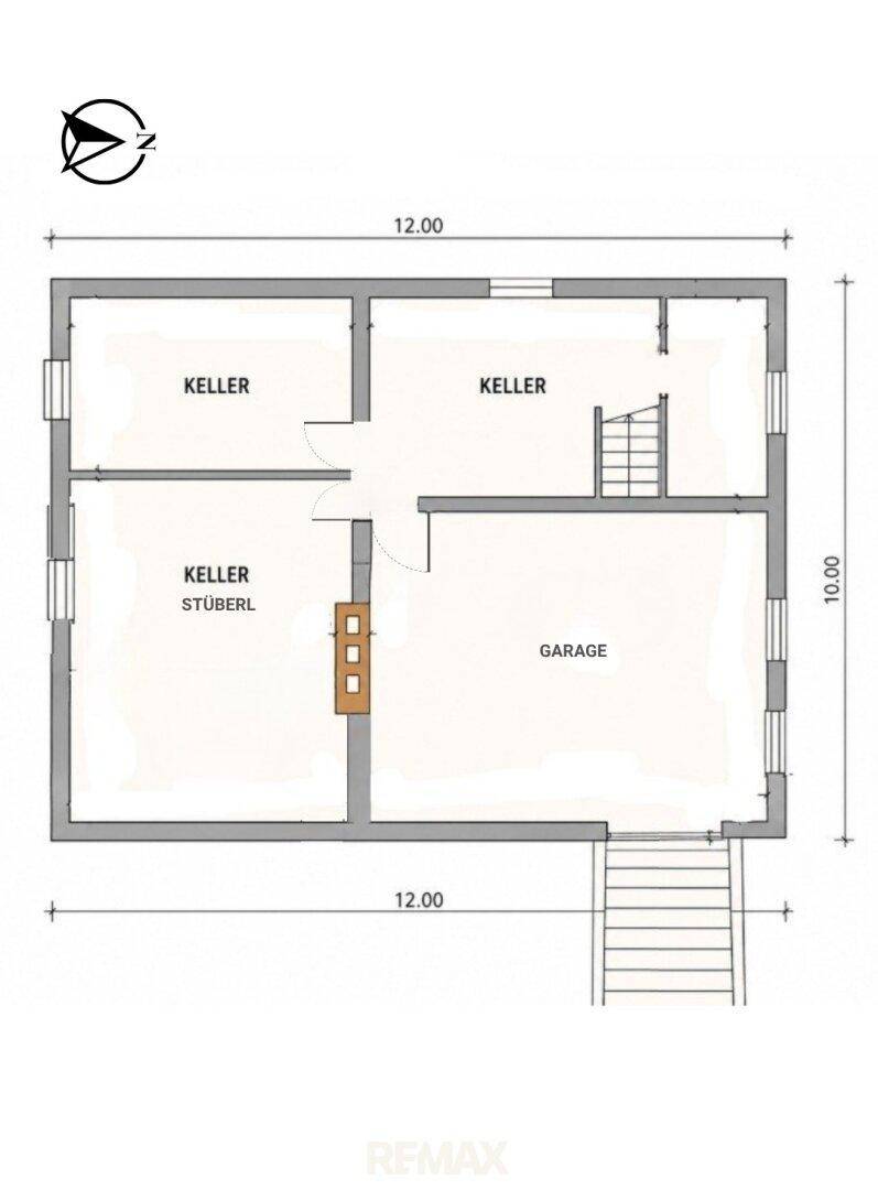 Grundriss des Kellergeschosses mit Kellerräumen, Stüberl und Garage.