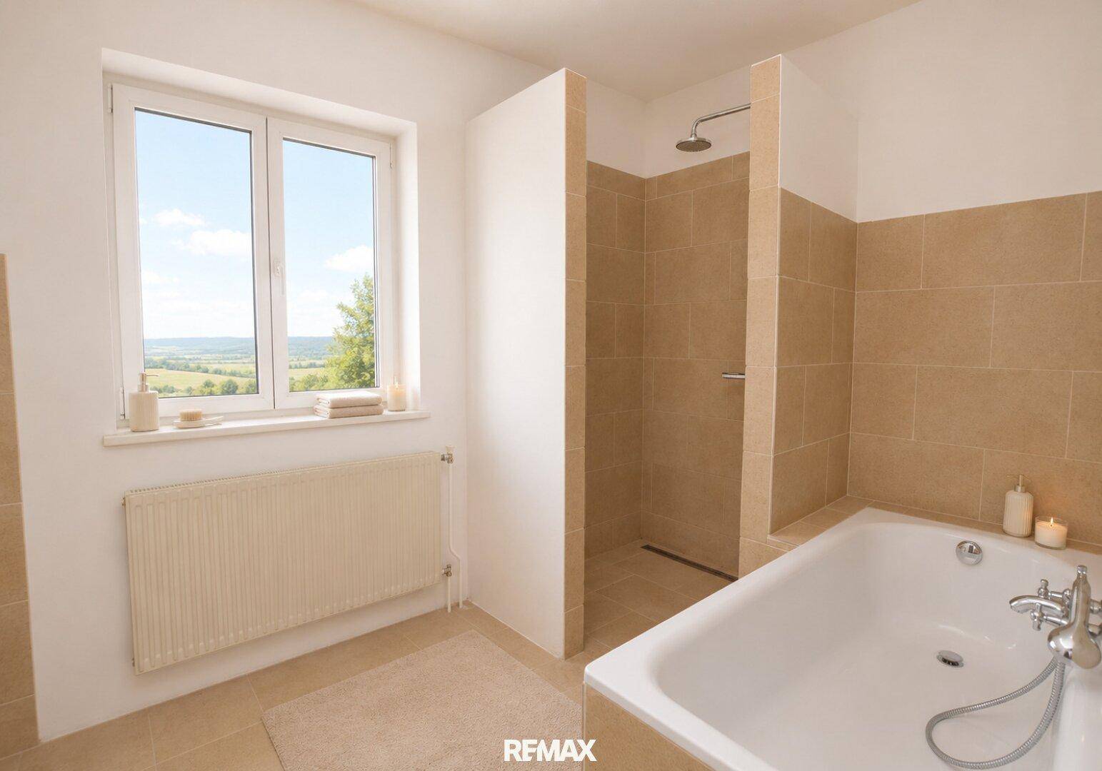 Helles Badezimmer mit Badewanne, begehbarer Dusche und Fenster mit Weitblick.