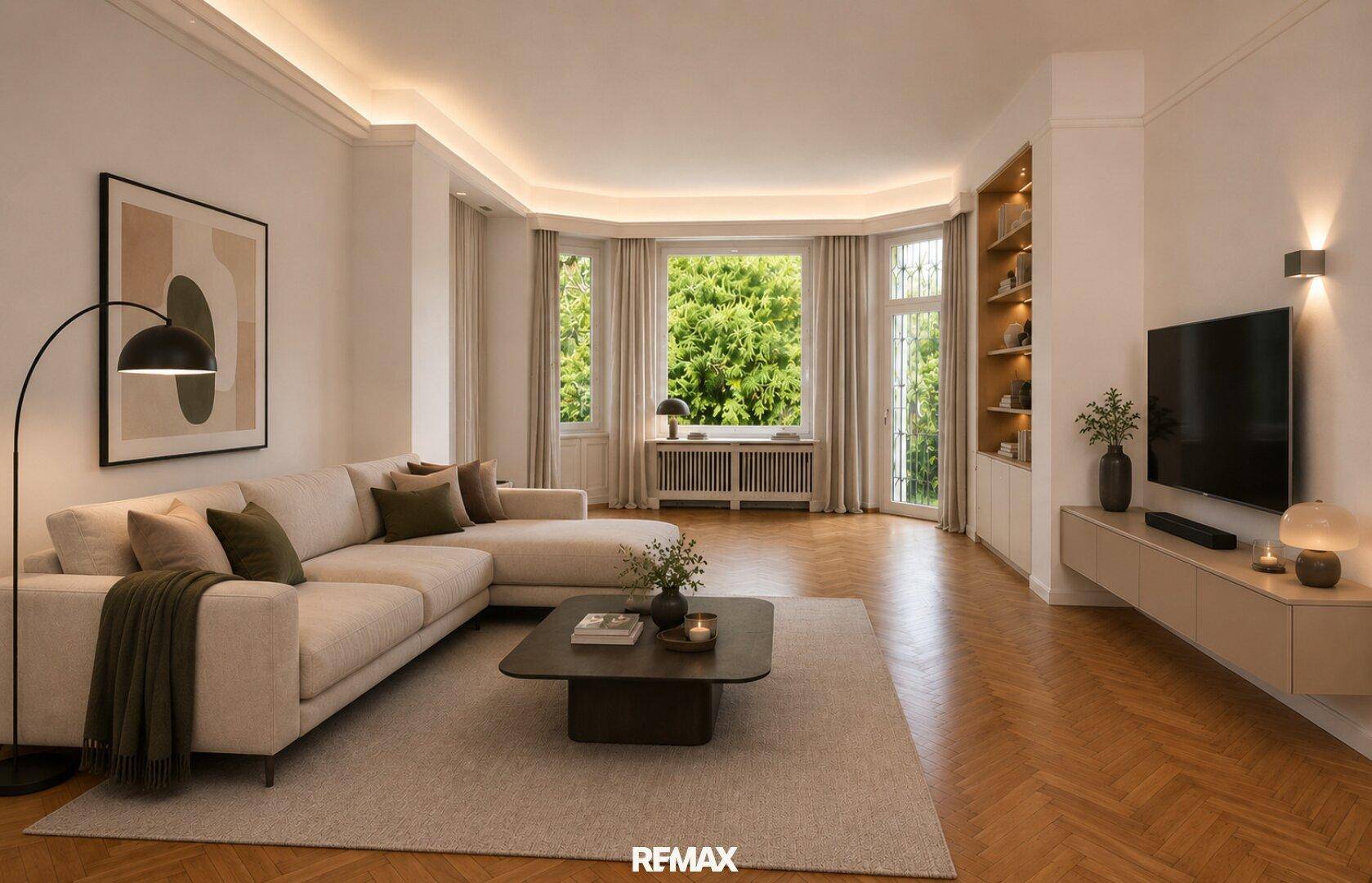 Modern eingerichtetes Wohnzimmer mit Ecksofa, Parkettboden und indirekter Deckenbeleuchtung.