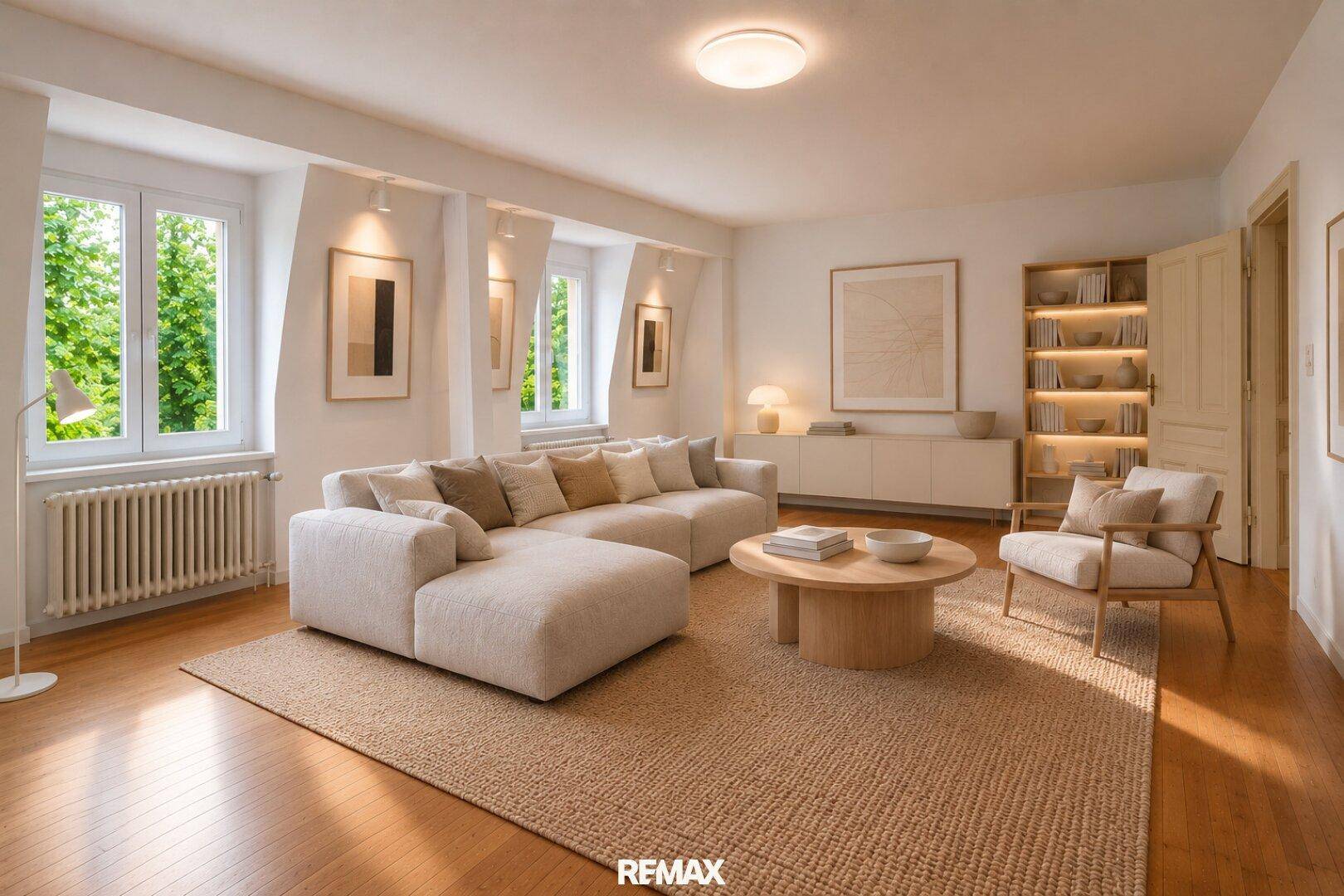 Modern eingerichtetes Wohnzimmer im Dachgeschoss mit Holzdielenboden und Dachschrägen.