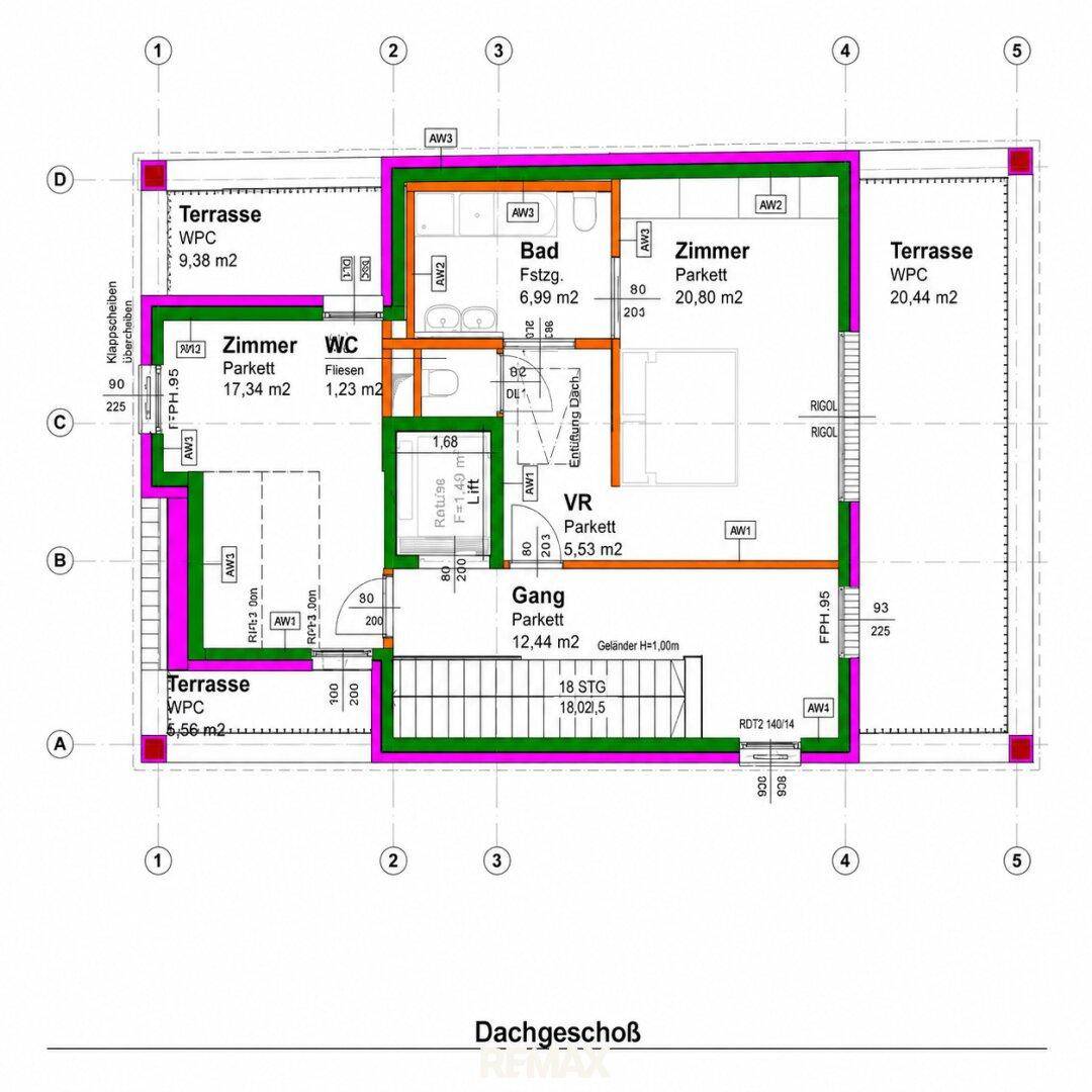 Grundriss des Dachgeschosses mit Zimmern, Bad, zwei Terrassen und Liftzugang.