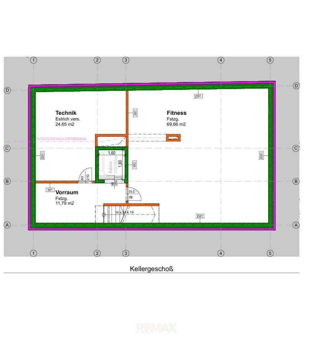 Grundriss des Kellergeschosses mit Technikraum, Fitnessbereich und Vorratsraum.