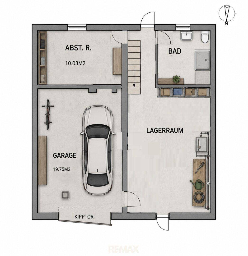 Grundriss des Erdgeschosses mit Garage, Abstellraum, Lagerraum und Bad.