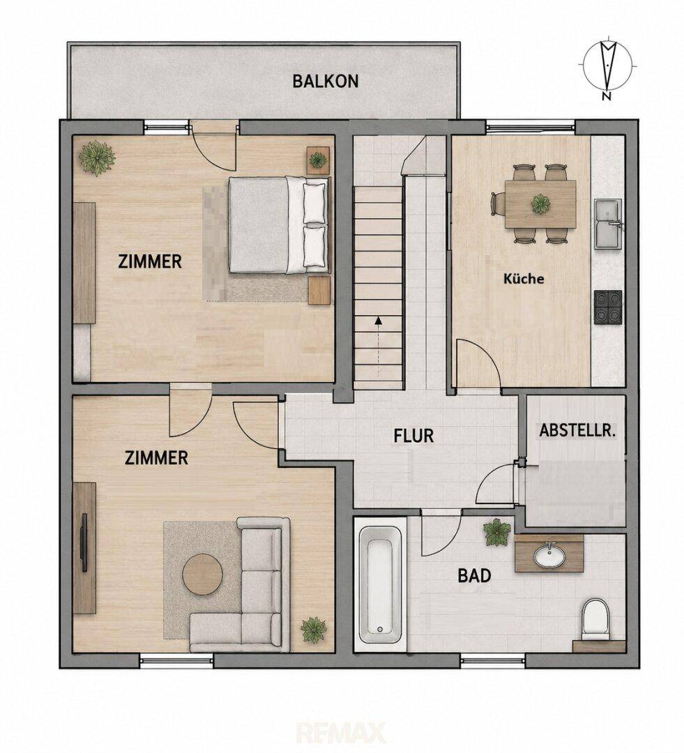 Grundriss des Obergeschosses mit drei Zimmern, Küche, Bad und Balkon.
