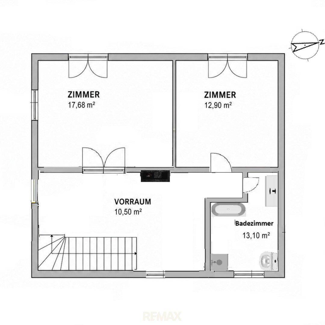 Grundriss des Obergeschosses mit zwei Zimmern, Vorraum und einem Badezimmer.