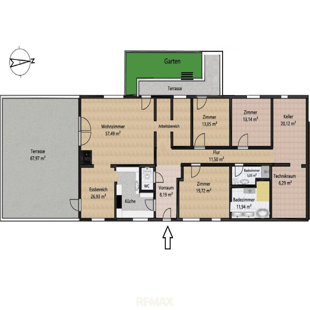 Detaillierter Grundriss mit großem Wohnzimmer, Essbereich, Küche, zwei Bädern, Gäste-WC, mehreren Zimmern, Keller, großer Terrasse und Garten.