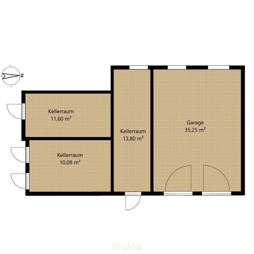Grundriss des Kellergeschosses mit drei Kellerräumen und einer Garage.
