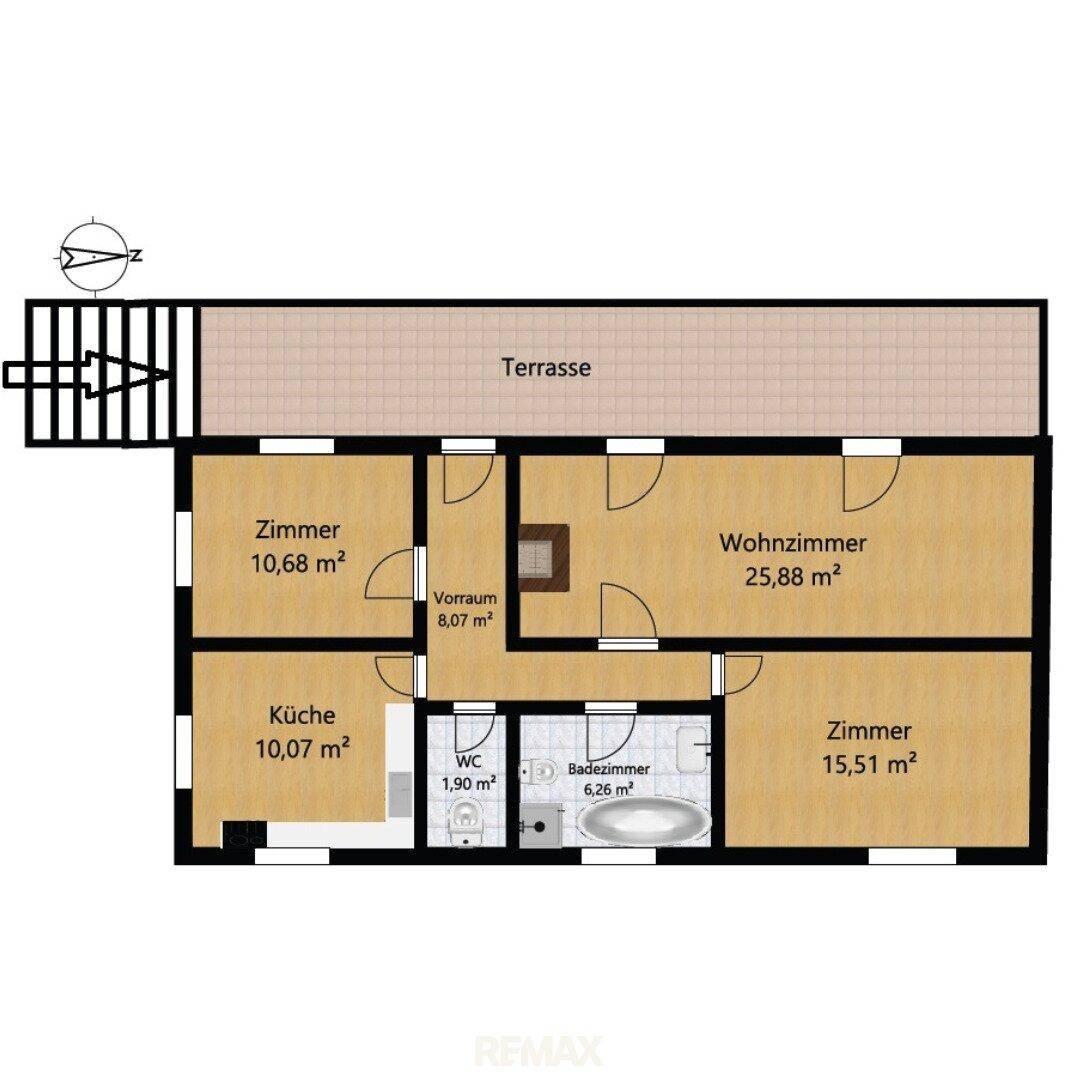 Grundriss des Erdgeschosses mit Küche, Wohnzimmer, Schlafzimmern, Bad und Terrasse.