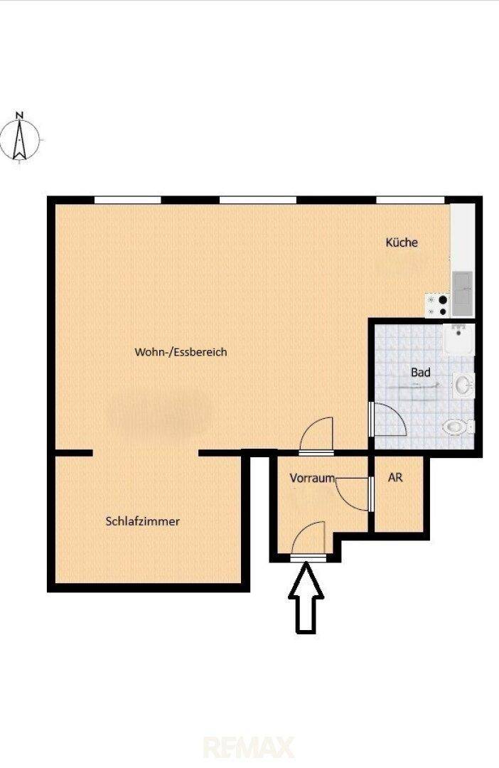 Grundriss der Wohnung mit Wohn-/Essbereich, Schlafzimmer, Küche und Bad.