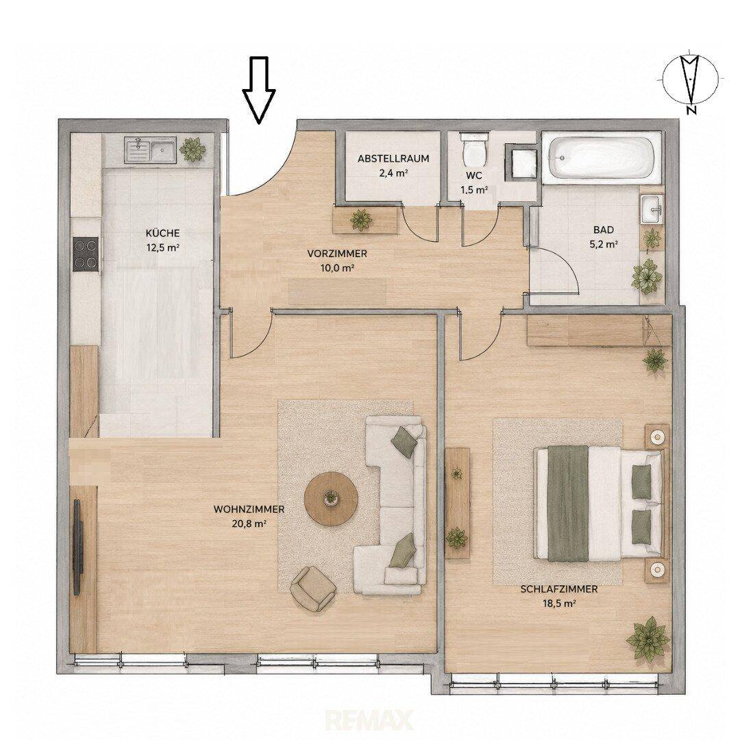 Detaillierter Grundriss der Wohnung mit Raumaufteilung und Flächenangaben.