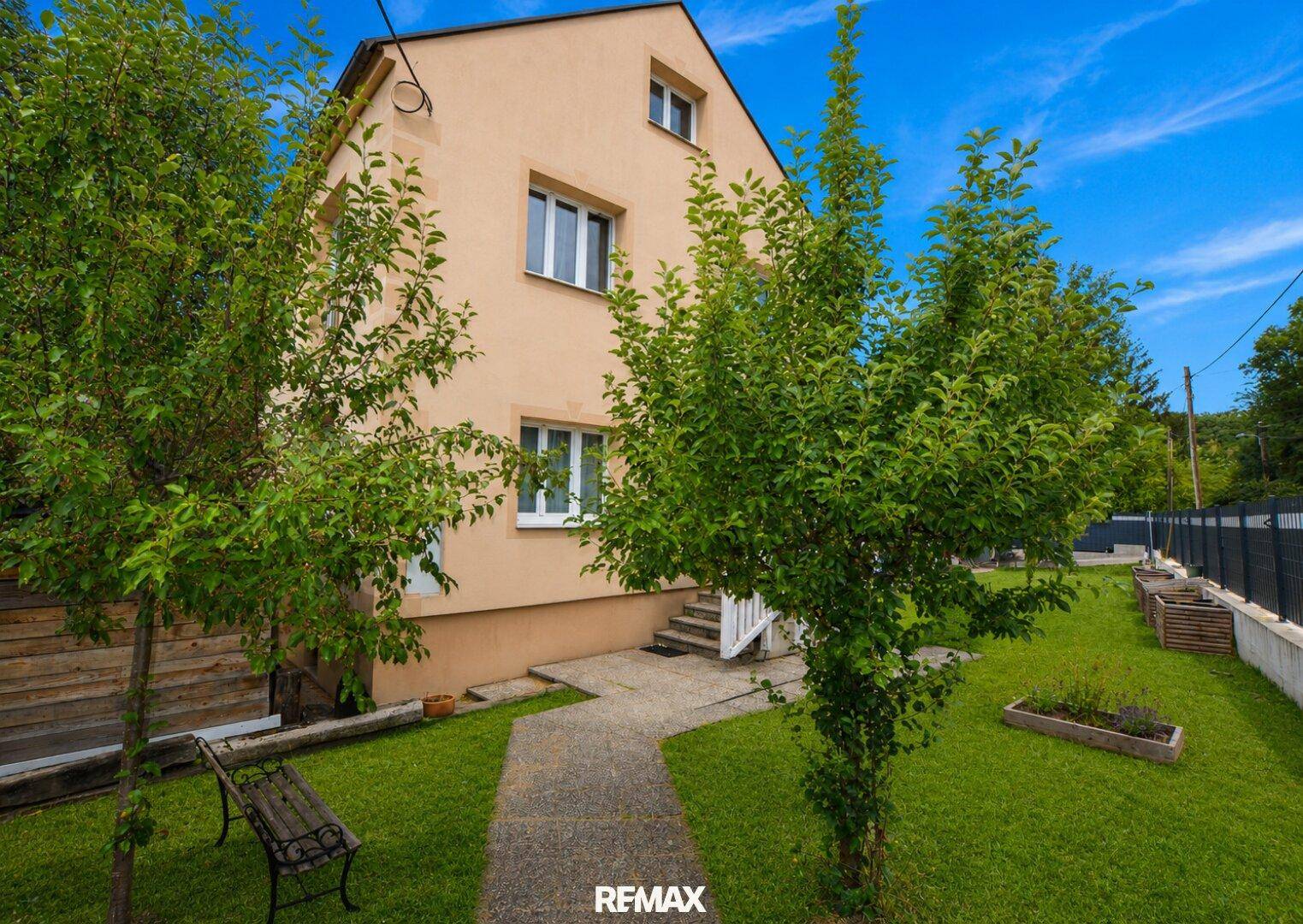 Seitenansicht des Hauses mit gepflegtem Garten, Rasenfläche und jungen Bäumen.