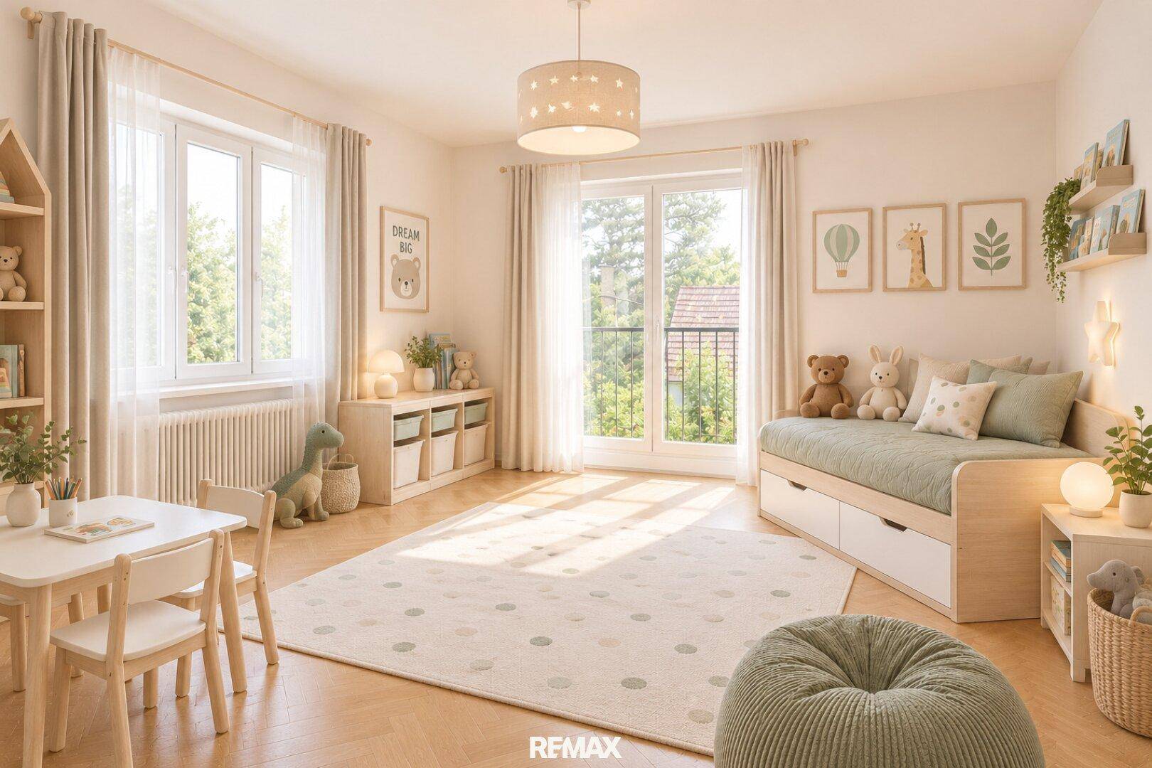 Freundliches Kinderzimmer mit Spielbereich, Tagesbett und großen Fenstern für viel Tageslicht.